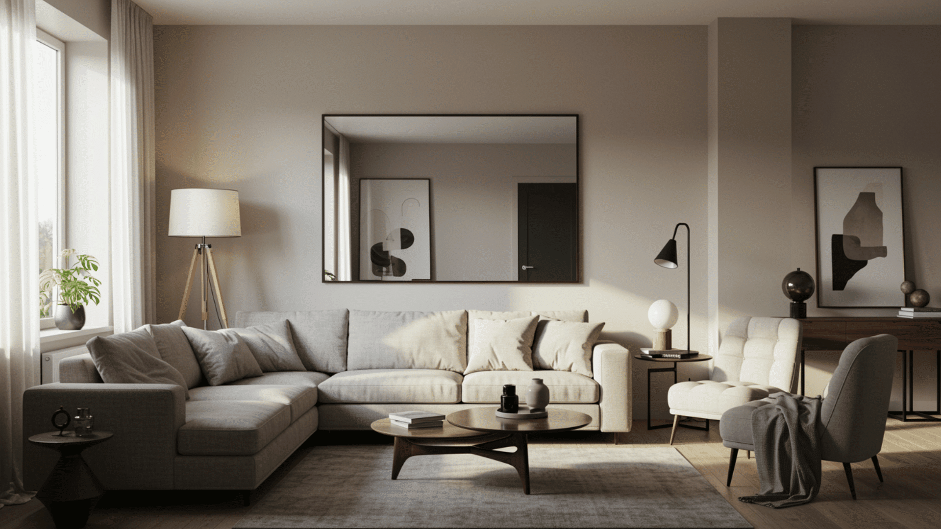 bright living room with large wall mirror reflecting light, creating open feel with modern furniture and neutral tones
