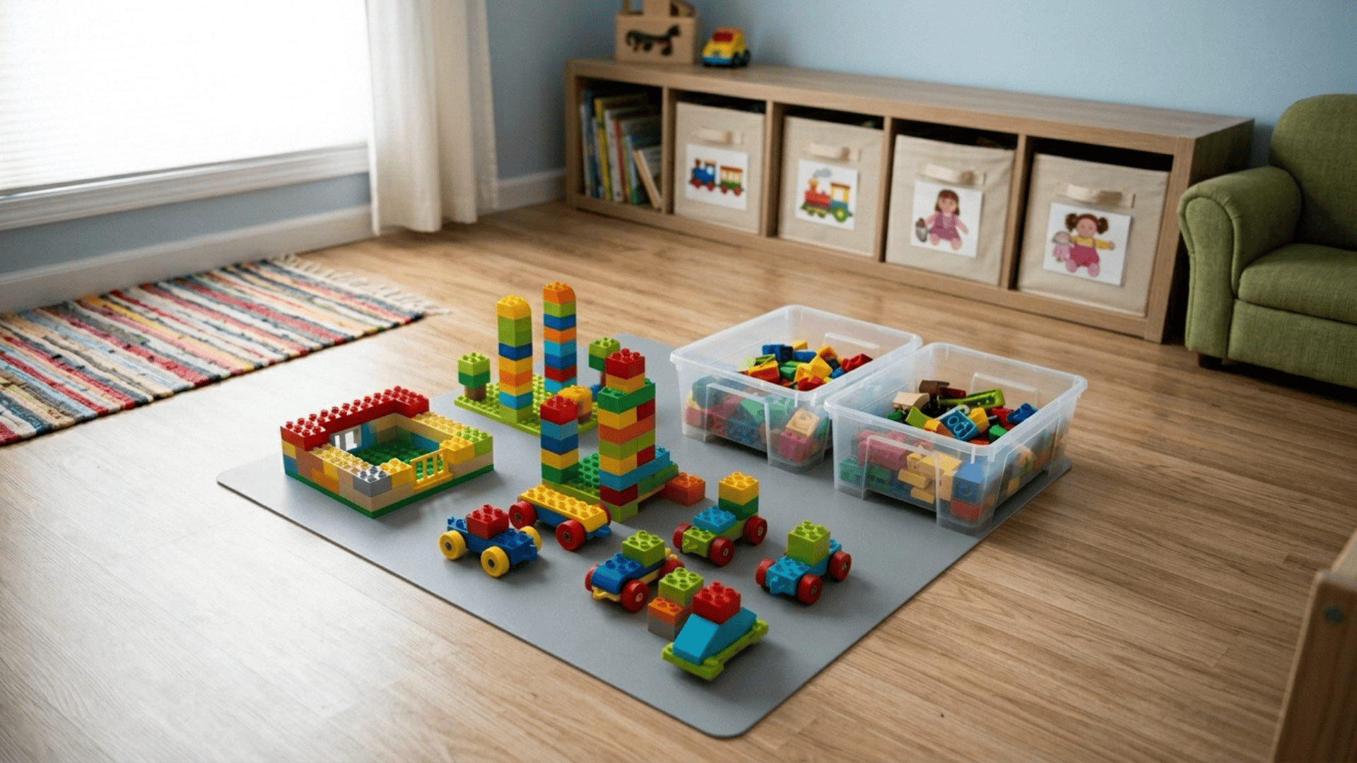 building zone with mat keeping small pieces contained without using extra furniture in a compact playroom