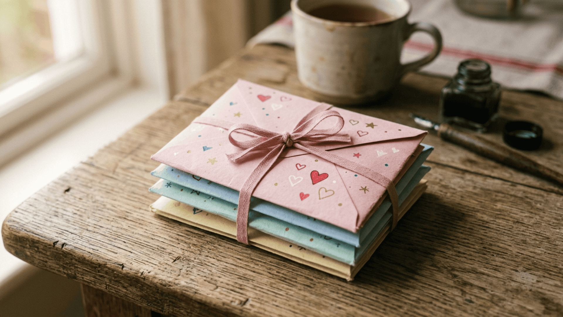 bundle of handwritten letters in decorated pastel envelopes tied with a ribbon as a diy mothers day gift idea