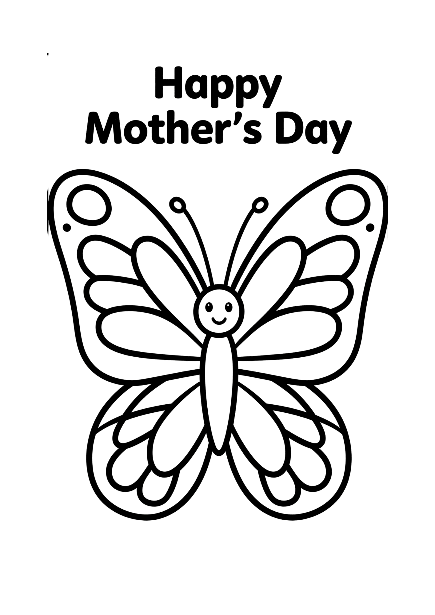 butterfly with smiling face and text happy mothers day above, clean black outline coloring page style