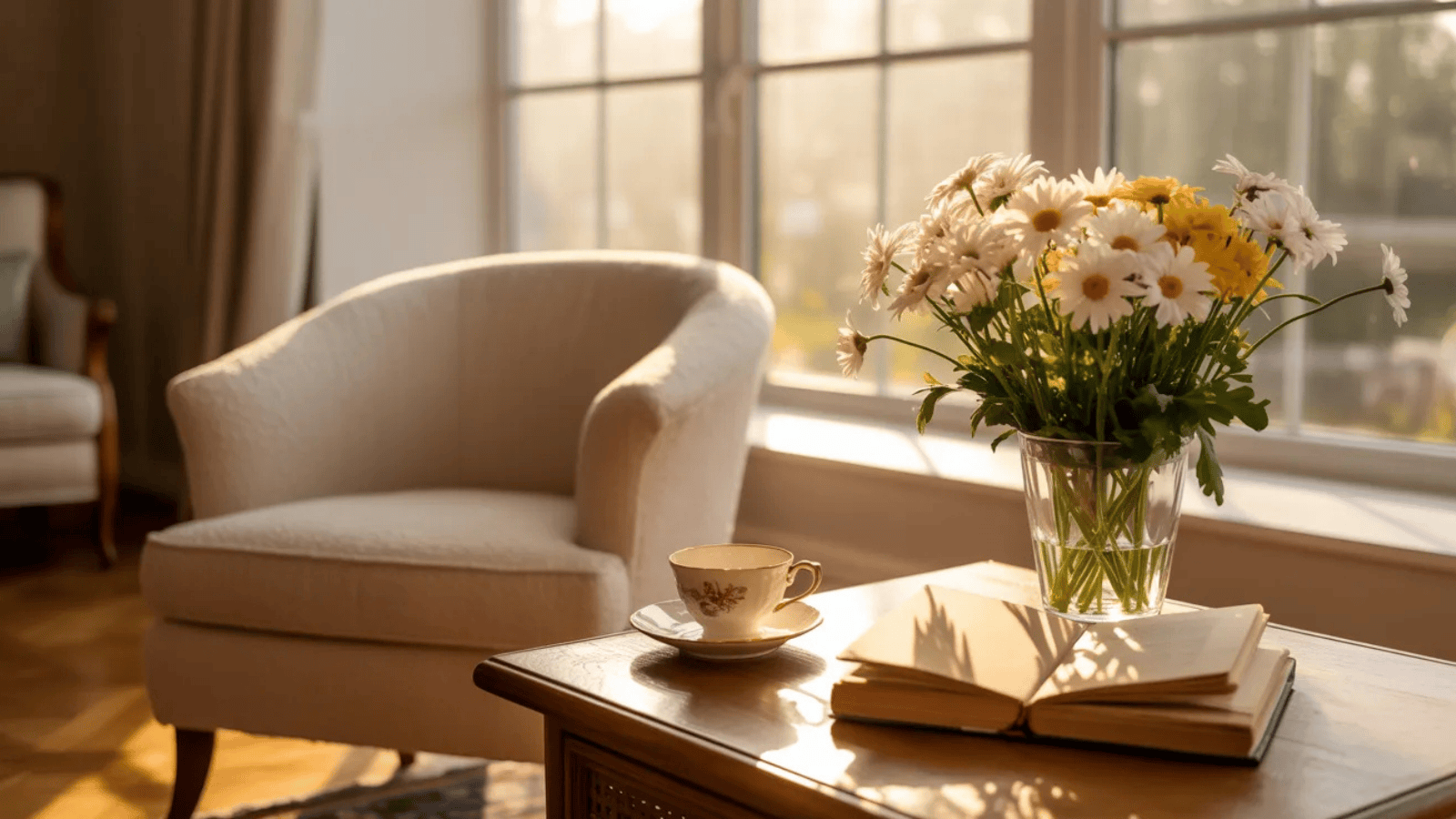 calm sunny living room with a comfortable armchair, a cup of tea on a side table, a book, and flowers in a vase by the window