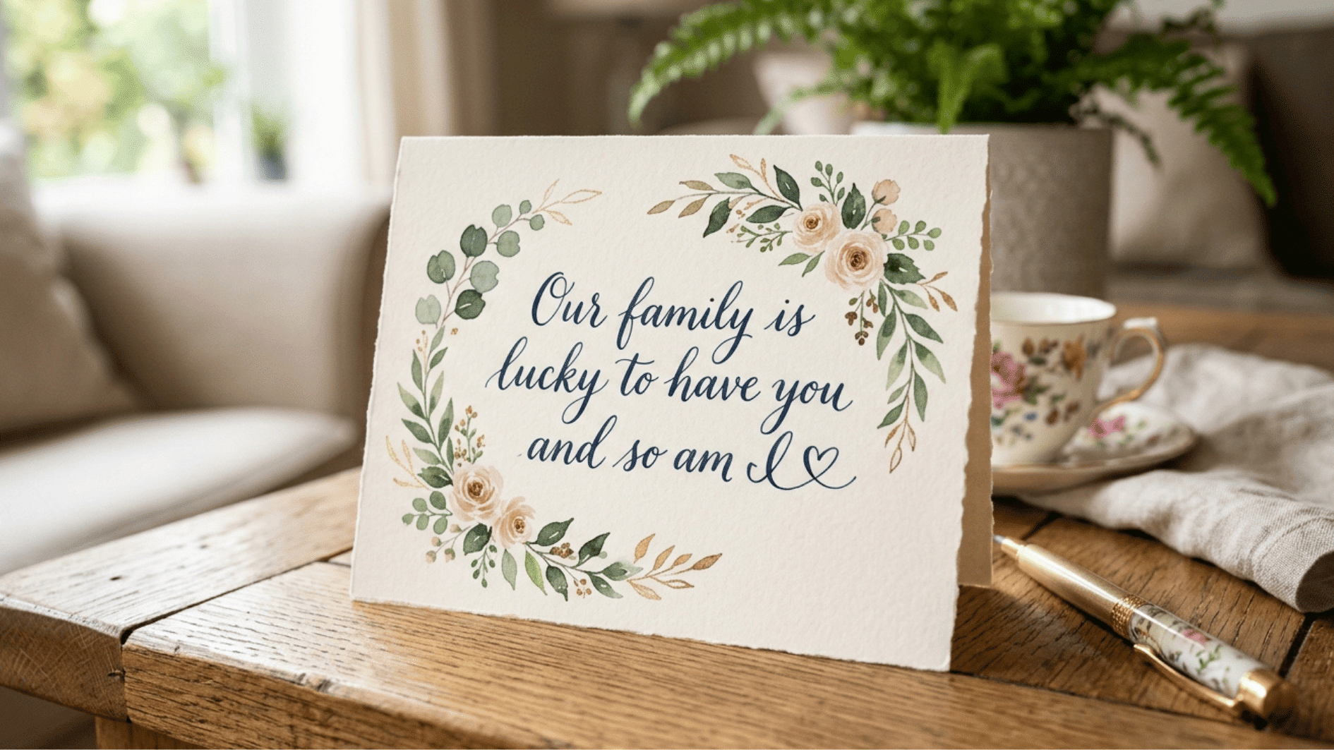 card with handwritten message about family love, placed on a wooden table beside a teacup and decorative pen in a cozy home setting