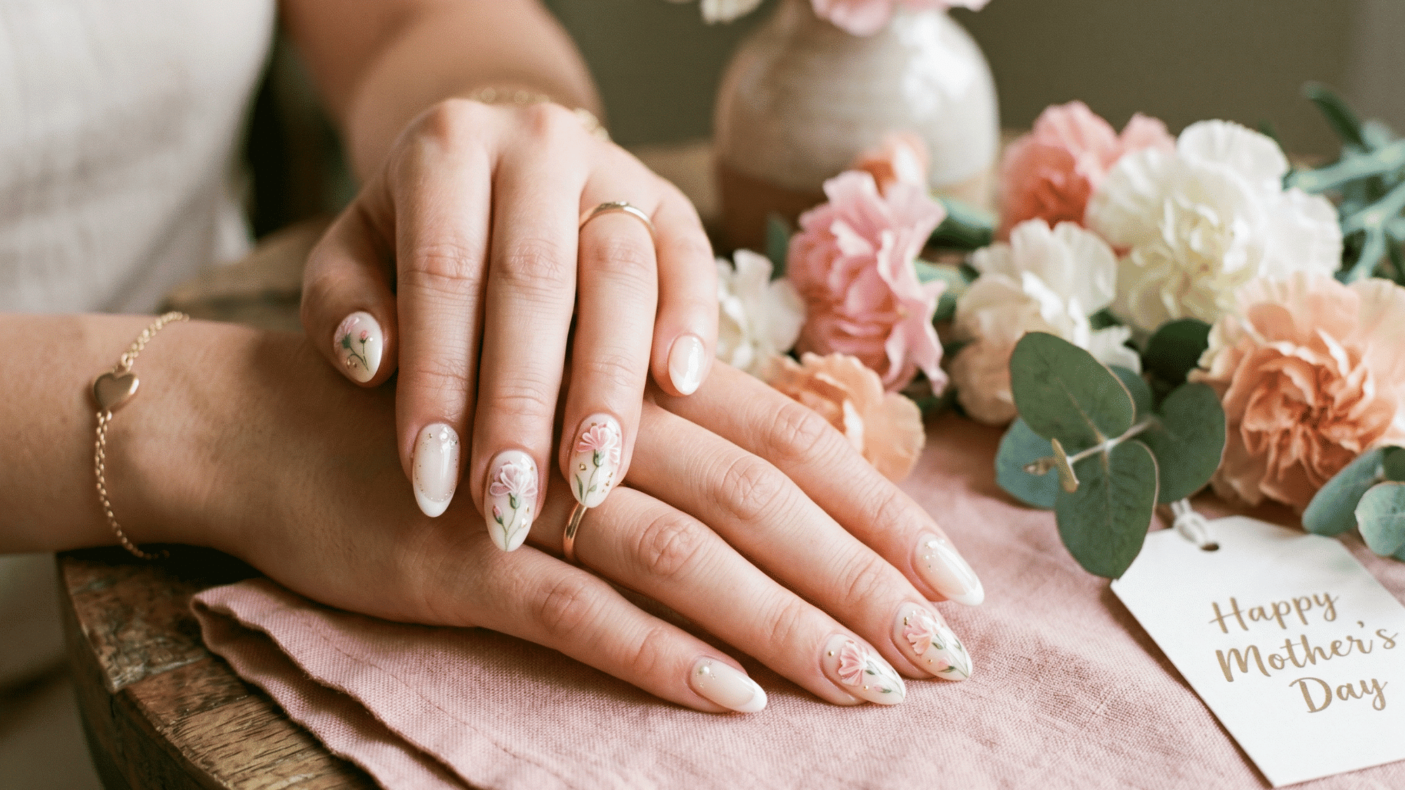carnation flower nail design in soft pastel tones perfect for mother’s day