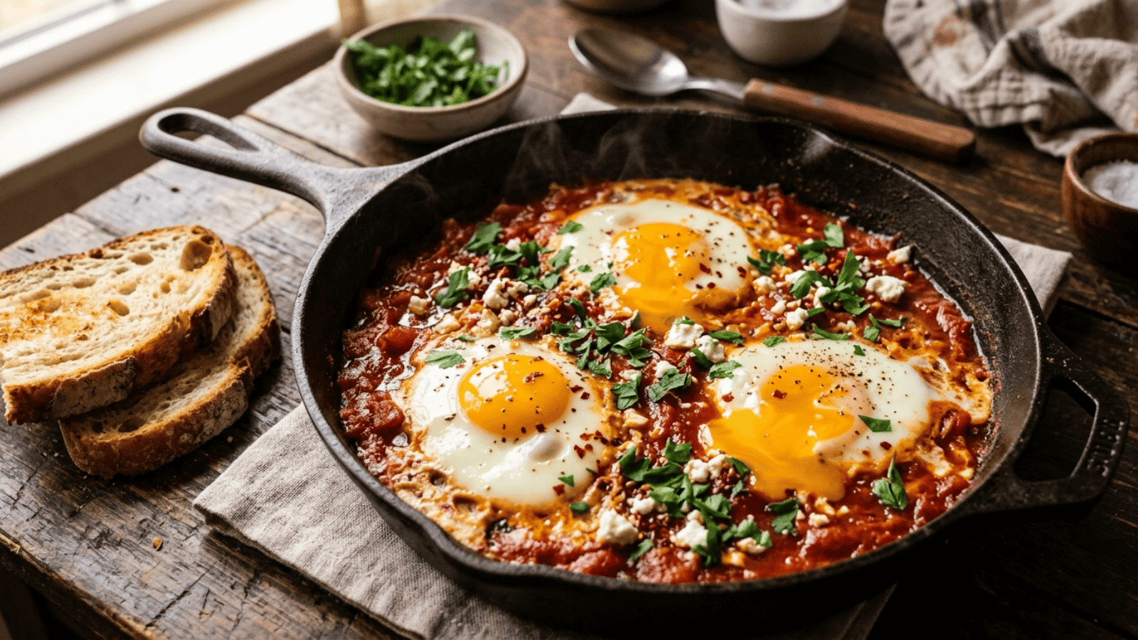 cast-iron pan filled with rich red tomato sauce, with three eggs poached directly inside, yolks still bright and runny, fresh parsley and chili flakes