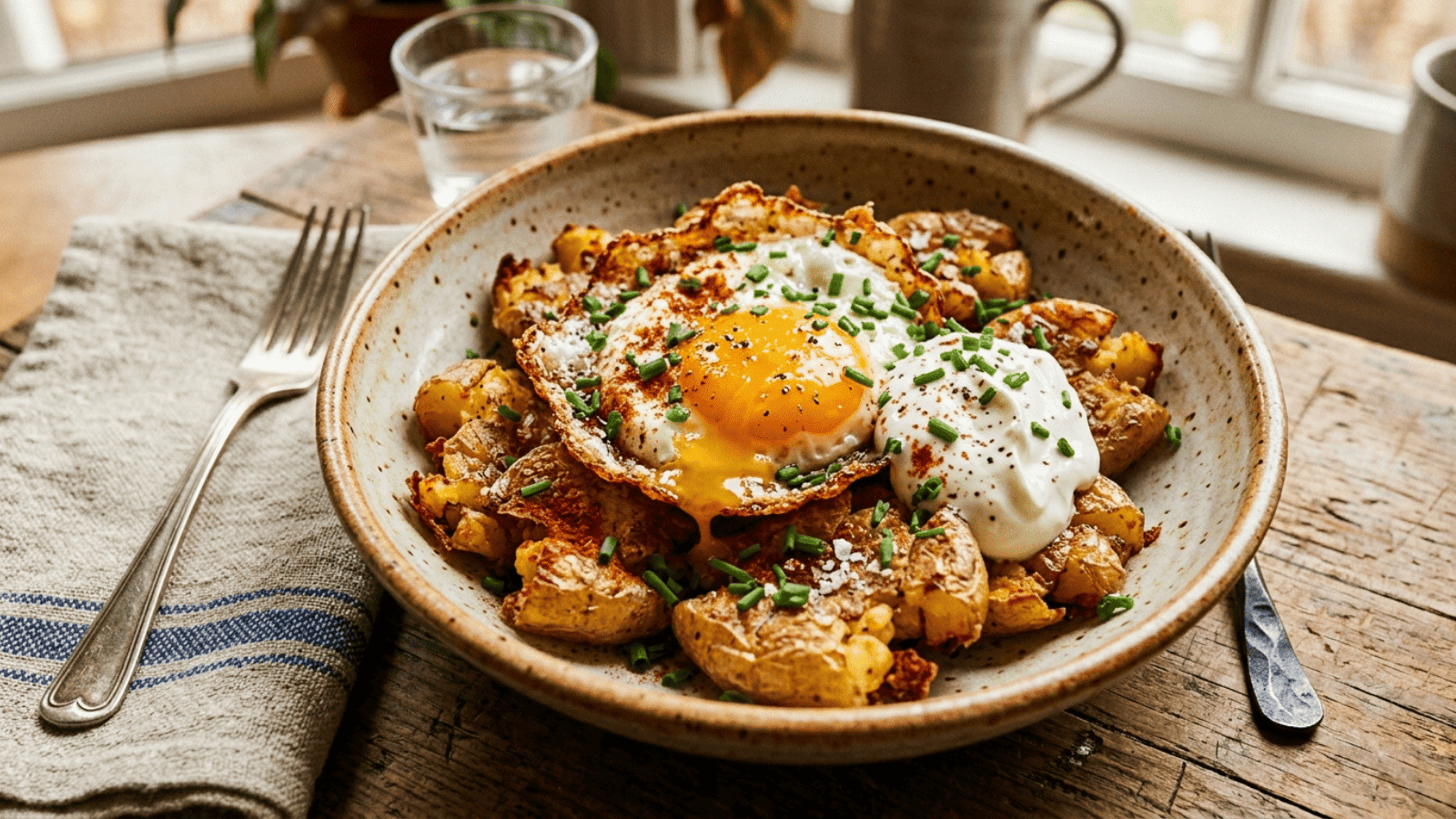 ceramic bowl filled with golden crispy smashed potatoes topped with a fried egg with crispy edges and a runny yolk, a dollop of sour cream