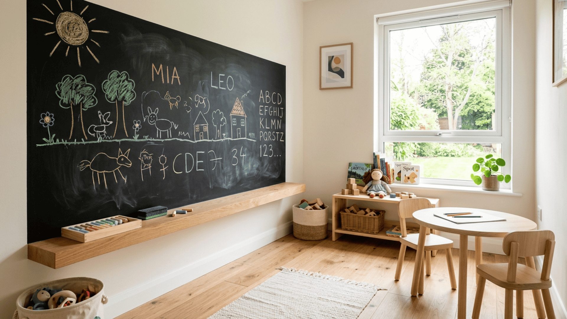 chalkboard wall in a compact playroom with simple shelf for supplies creating a wall based activity area without using floor space