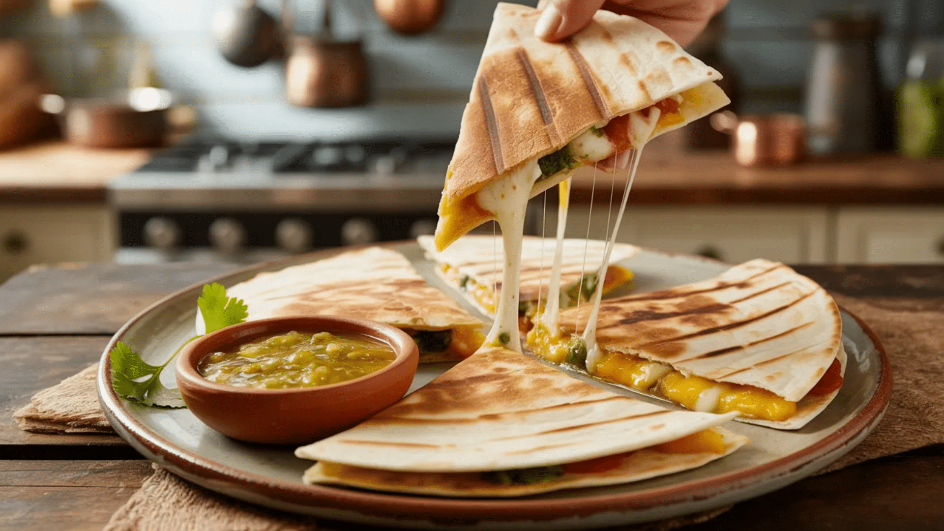 cheese quesadilla slices with salsa, one piece being lifted with melted cheese stretching