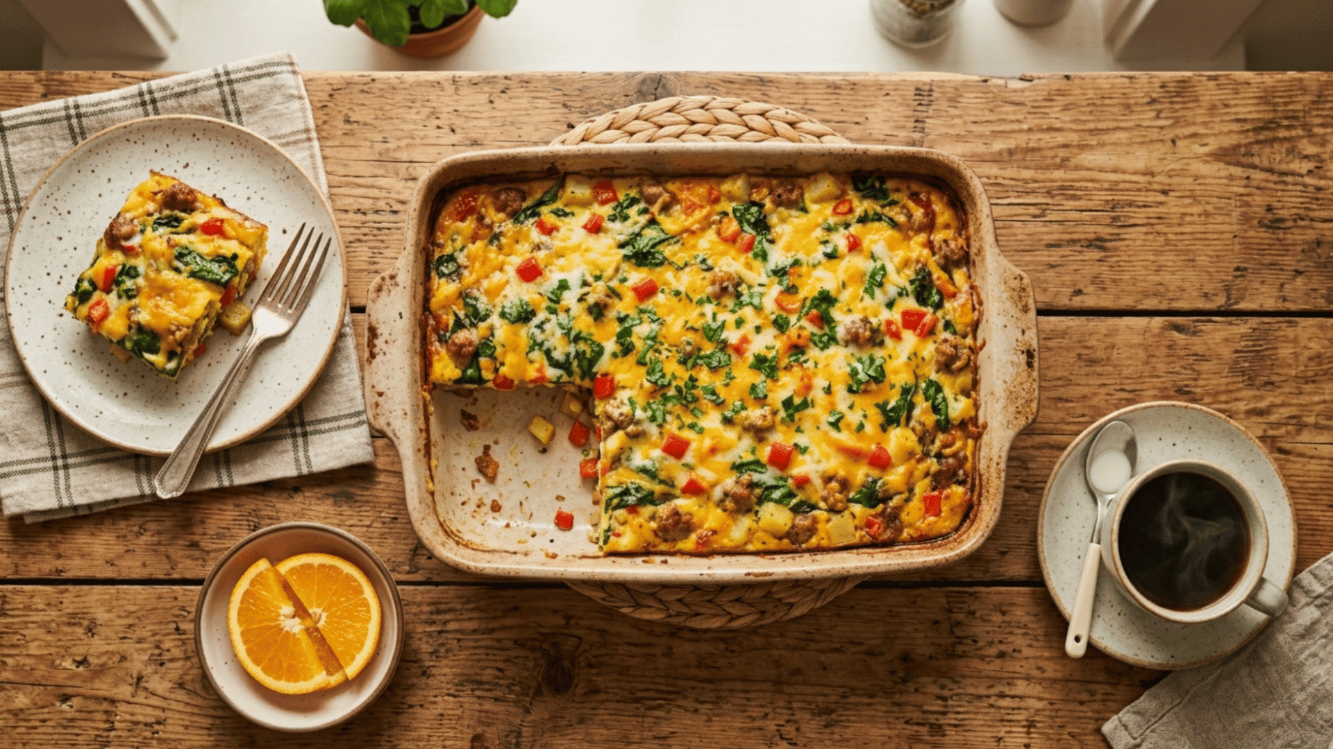 cheesy baked breakfast casserole with sausage and peppers in a golden bubbling dish ready to serve