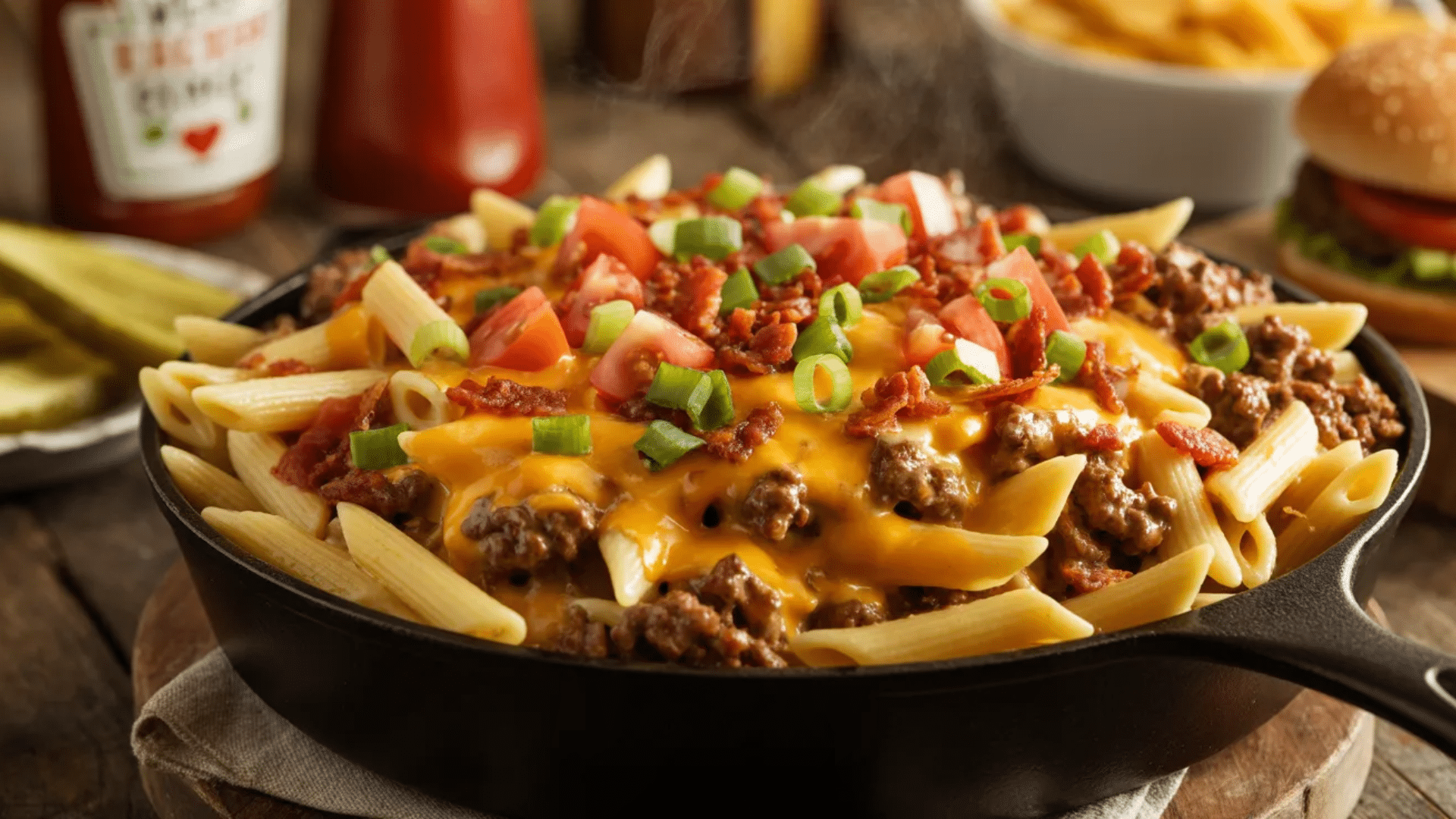 cheesy loaded beef pasta with bacon tomatoes and green onions in a skillet
