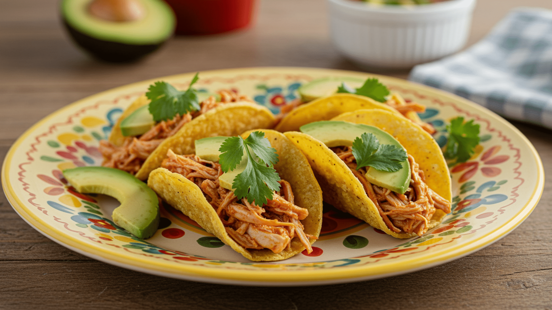 chicken tacos filled with shredded meat topped with avocado slices and cilantro on colorful patterned plate