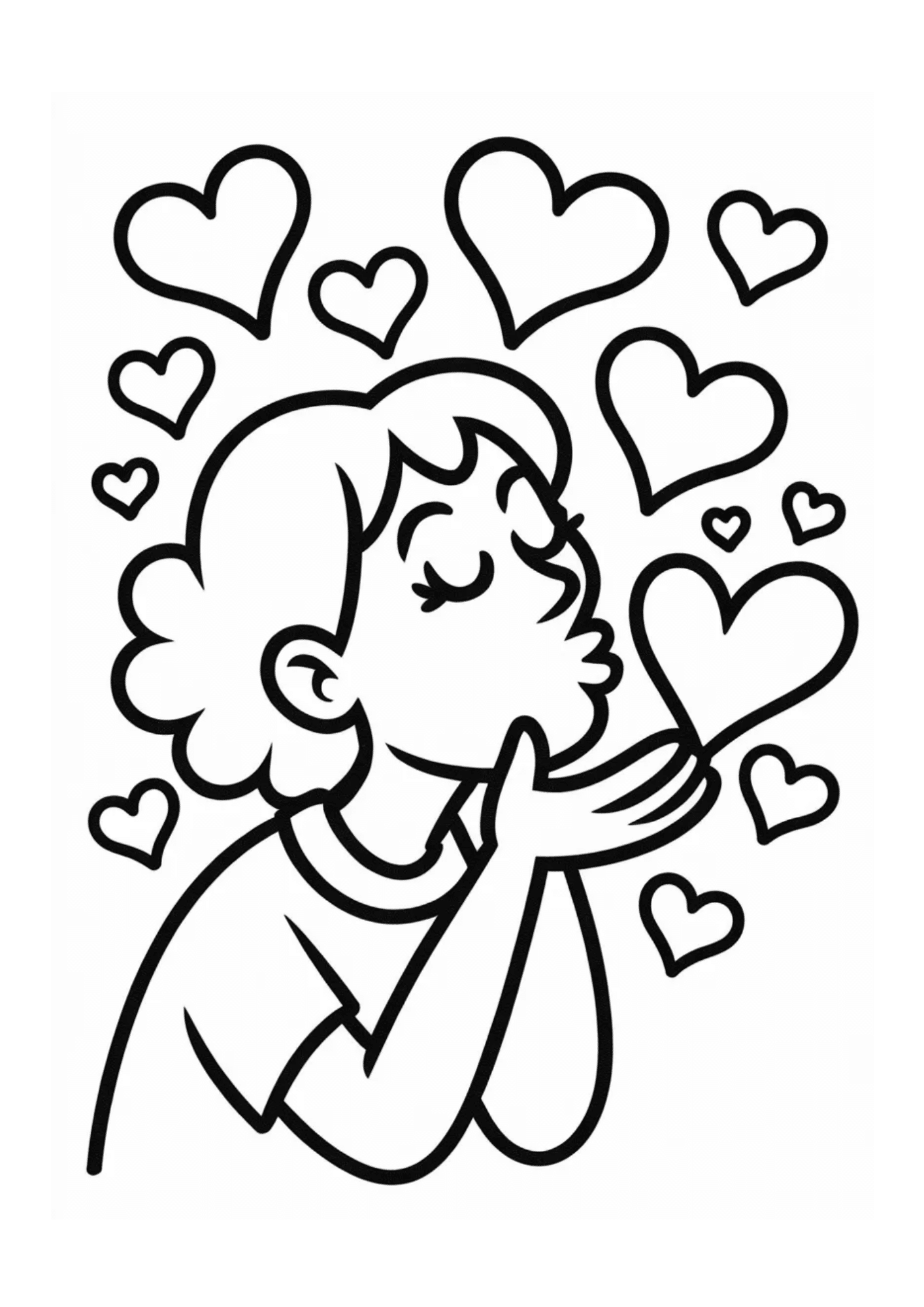 child blowing kisses with many hearts floating around showing love and affection in a cute cartoon drawing
