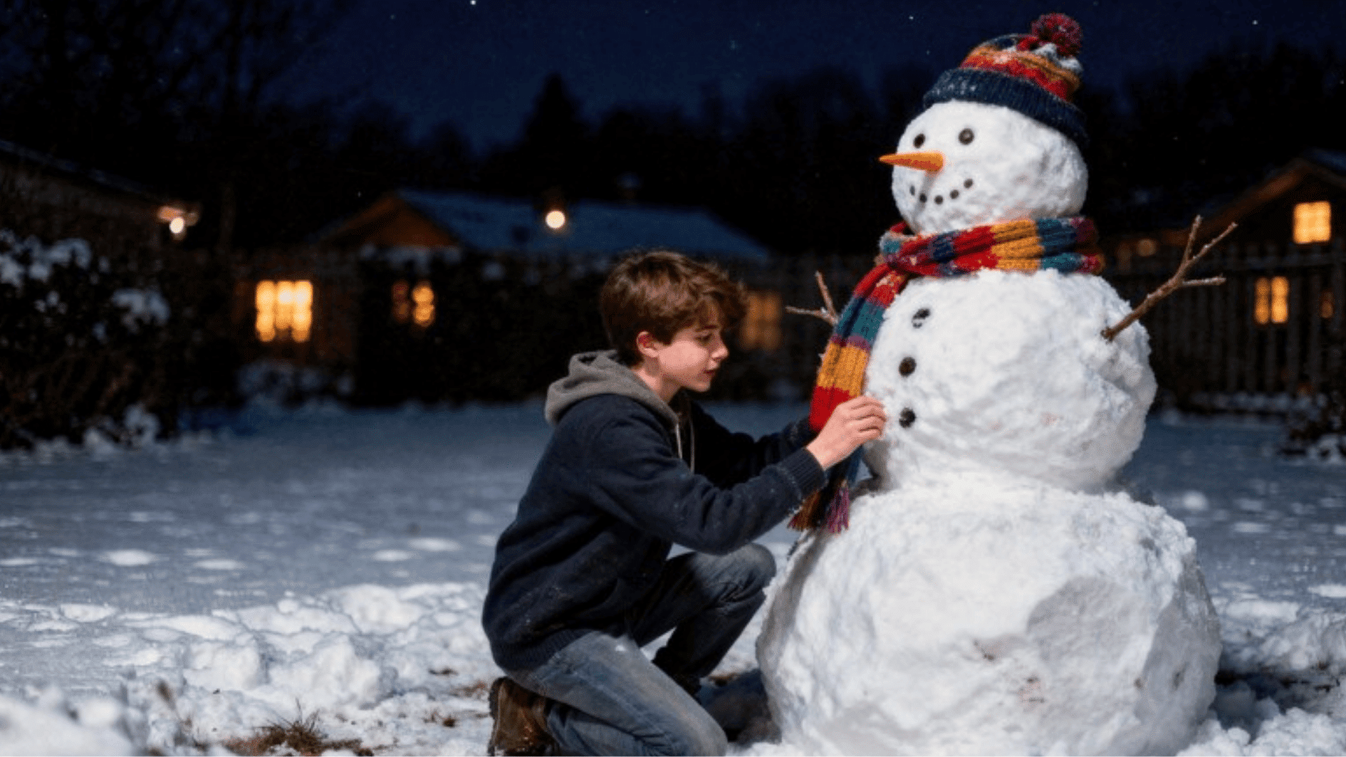 child building a snowman in a snowy backyard at night with warm house lights in the background