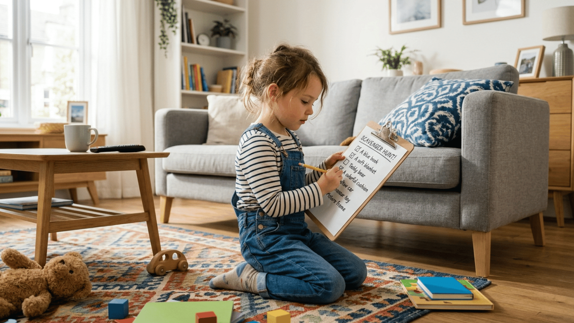 child checking items on list during indoor scavenger hunt at home with books and toys around