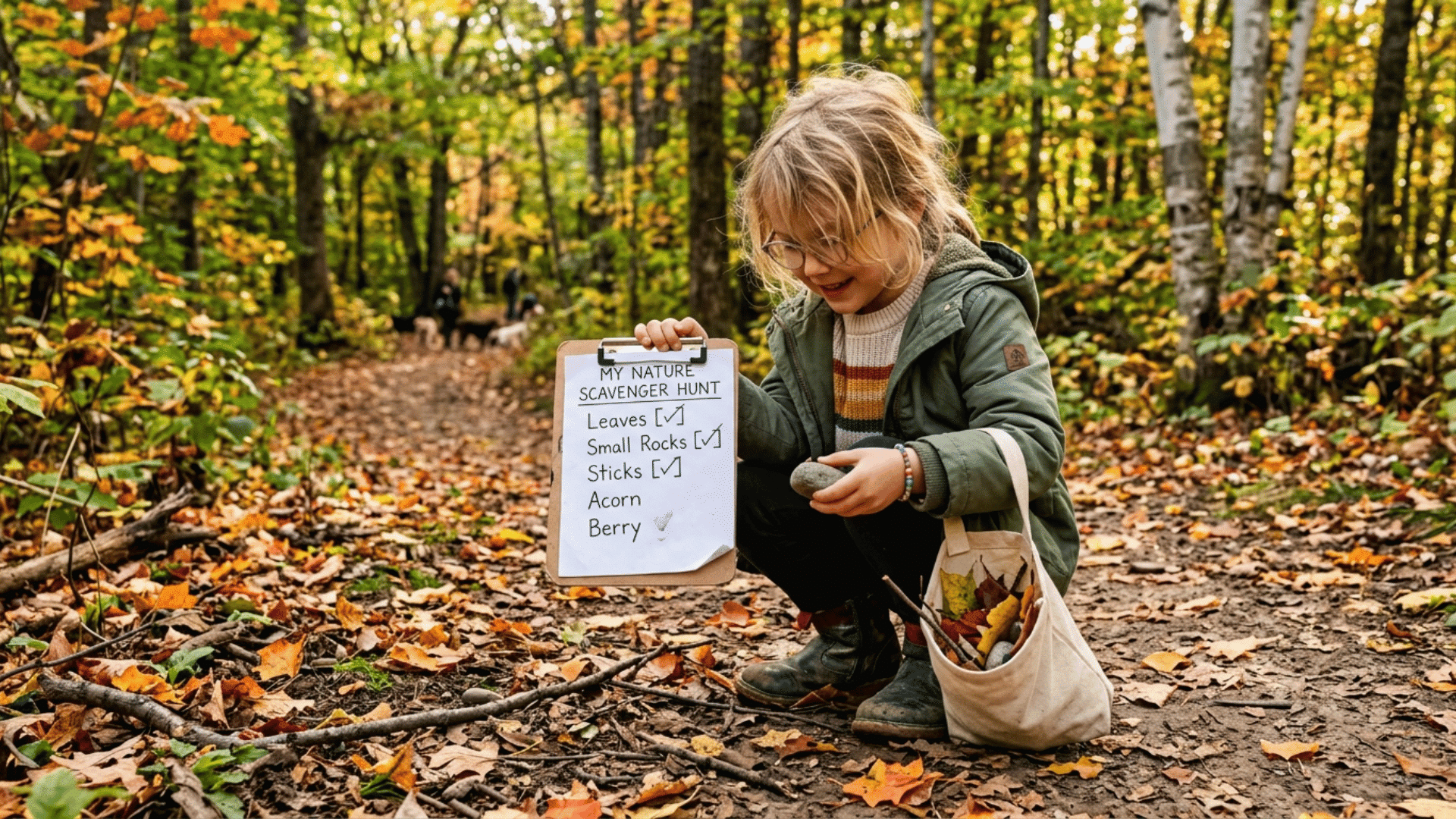 child checking off items on a nature scavenger hunt list while collecting leaves and rocks on a forest trail in autumn