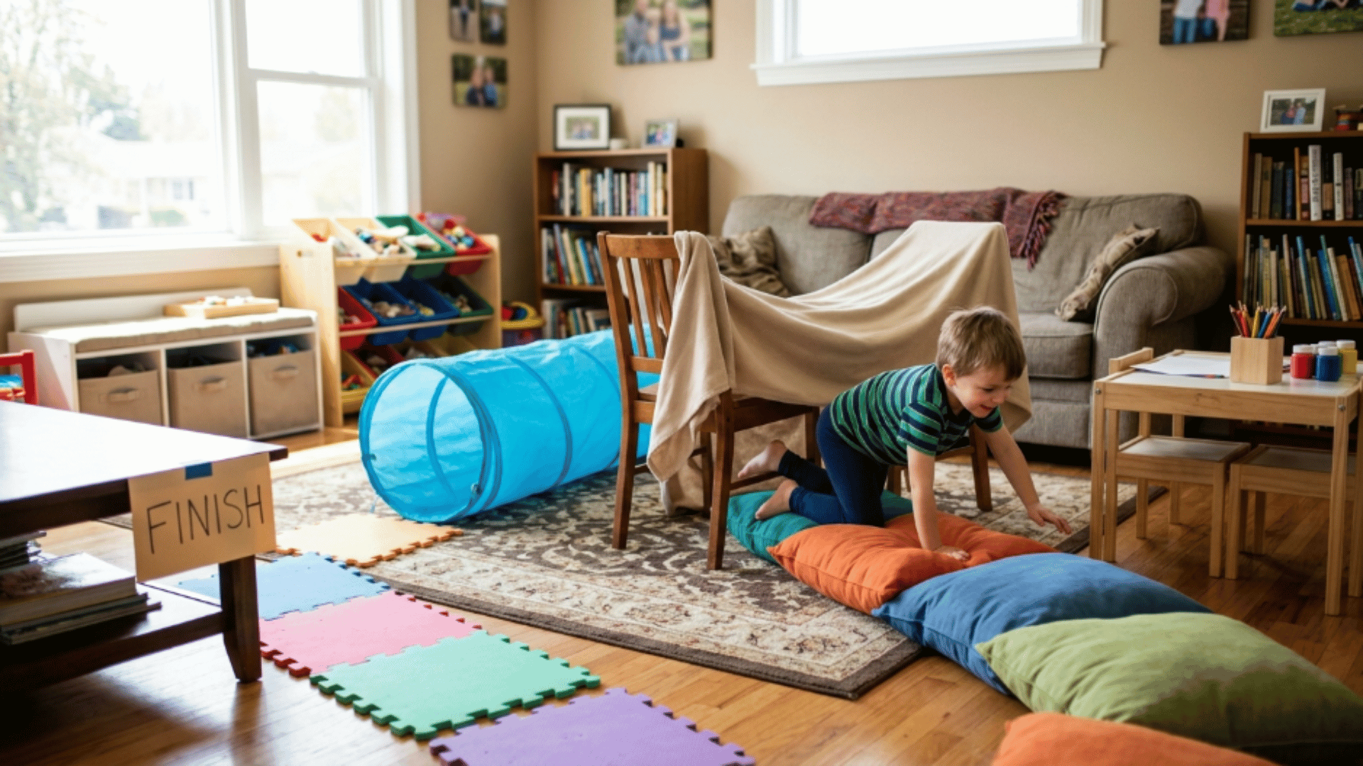child crawling and jumping through pillows chairs and blankets during an indoor obstacle course activity