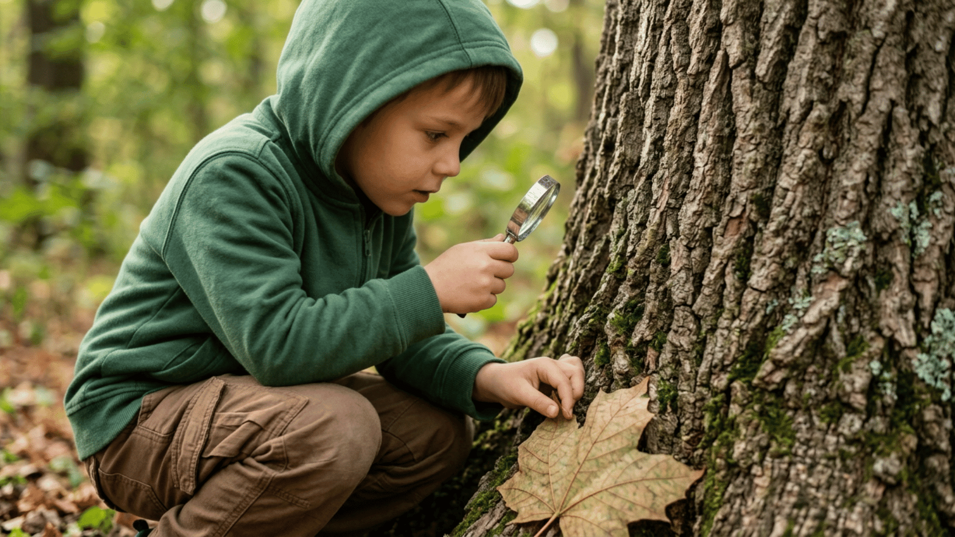 child examining repeating patterns in leaves and bark during a pattern recognition scavenger hunt in the woods