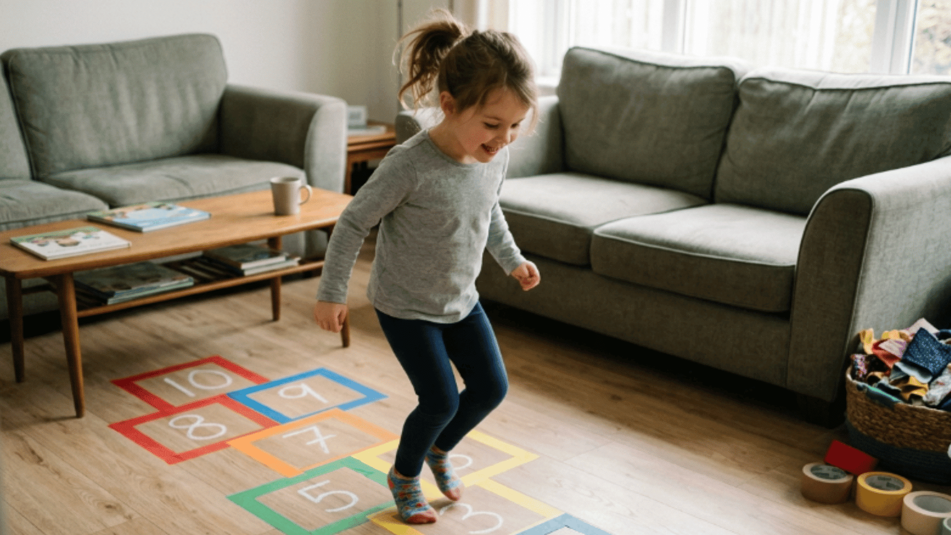 child jumping across hopscotch squares made with colorful tape on the living room floor during indoor play (1)