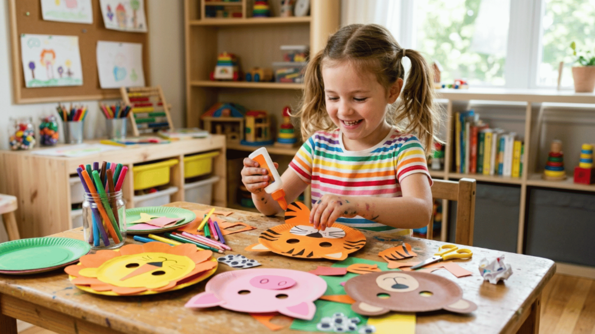 child making colorful animal masks using paper plates markers glue and craft paper at a small table during indoor craft activity