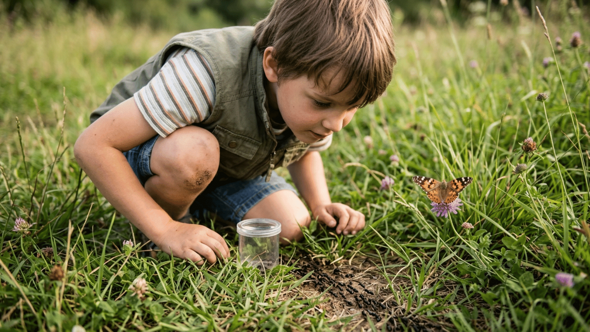 child observing ants and a butterfly closely during a bug-themed nature walk scavenger hunt in grassy outdoor space
