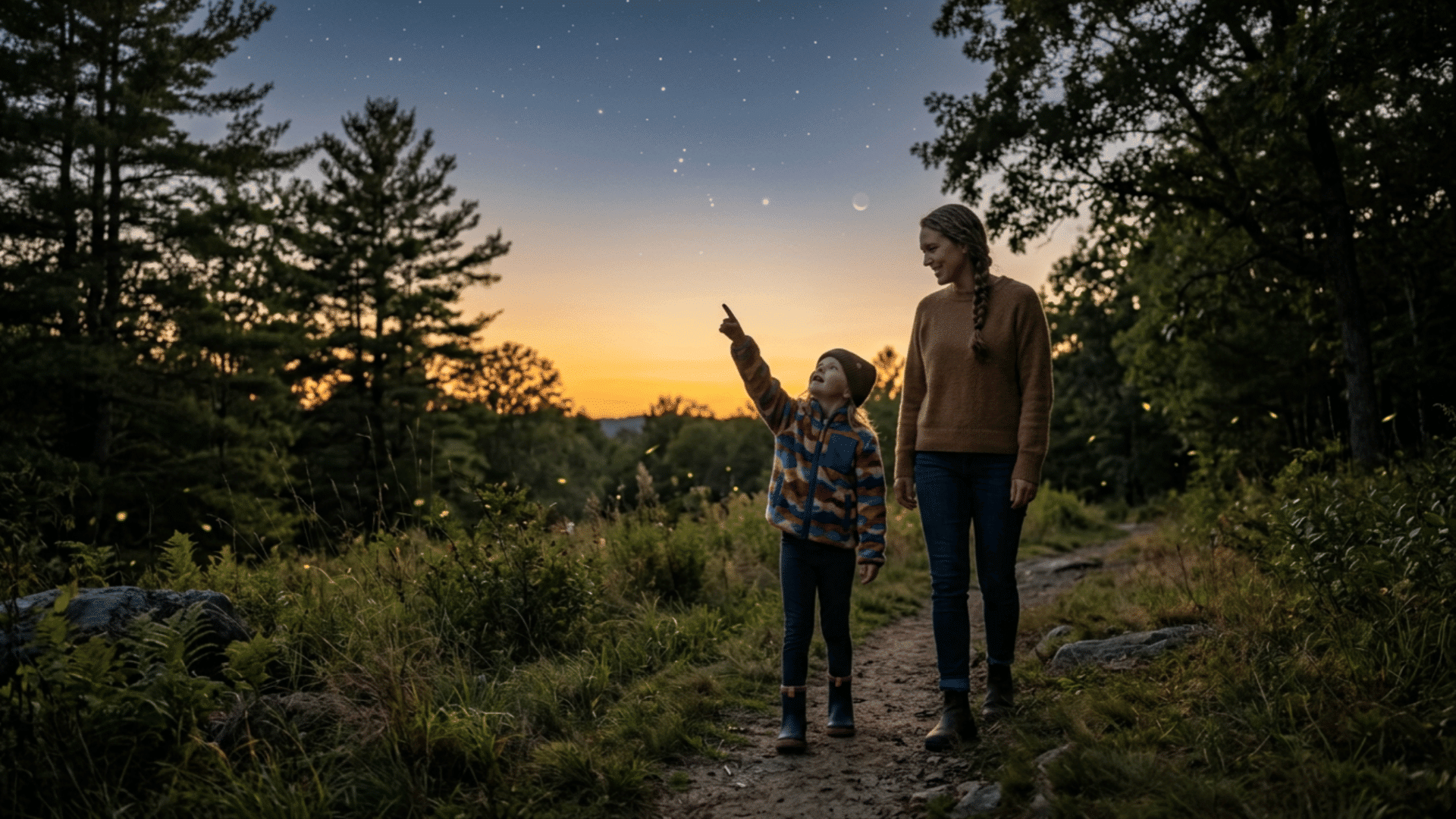 child pointing at stars while walking with an adult during a sunset nature walk scavenger hunt on a forest trail