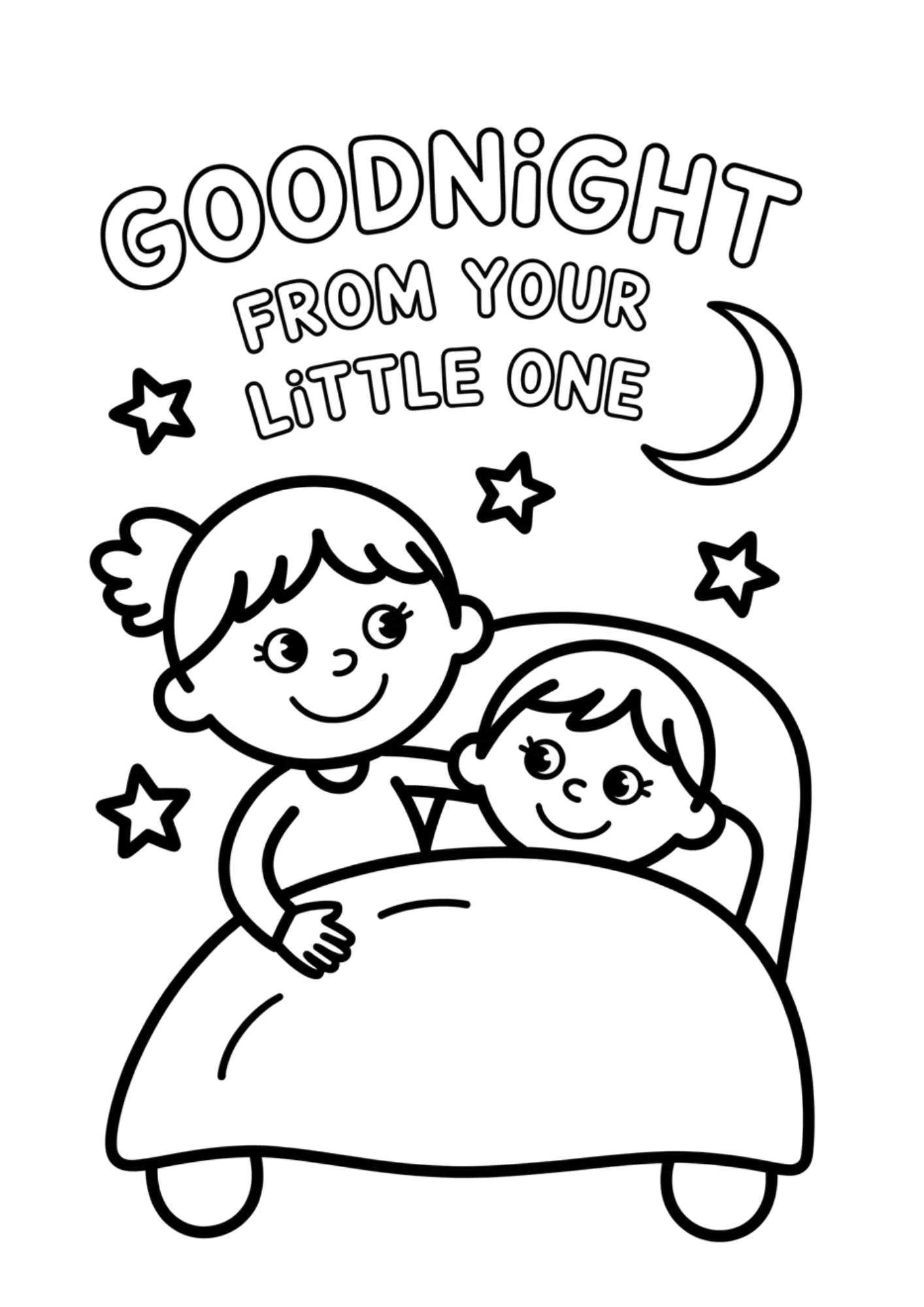 child saying goodnight to mom in bed with stars and moon and text goodnight from your little one above scene