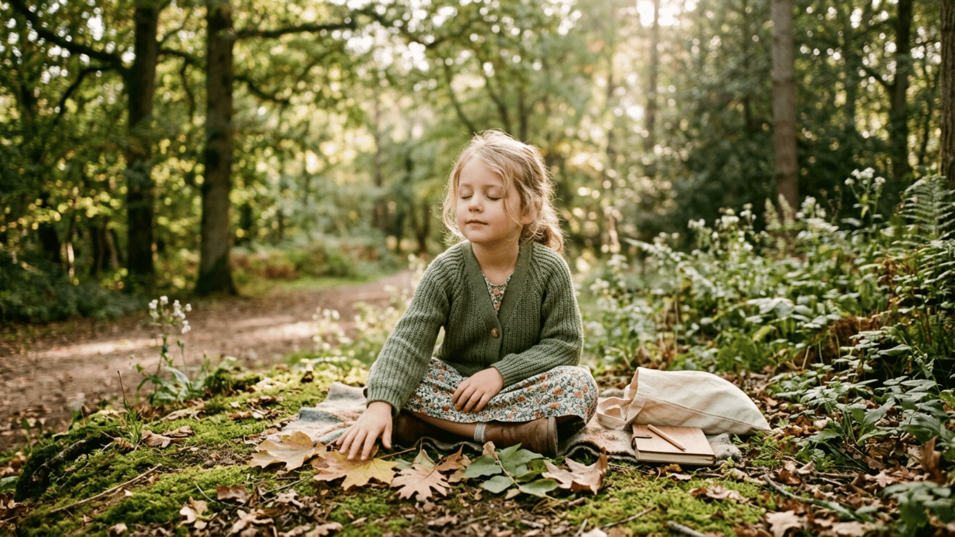 child sitting quietly and listening to nature sounds during a sensory scavenger hunt activity in a calm forest setting