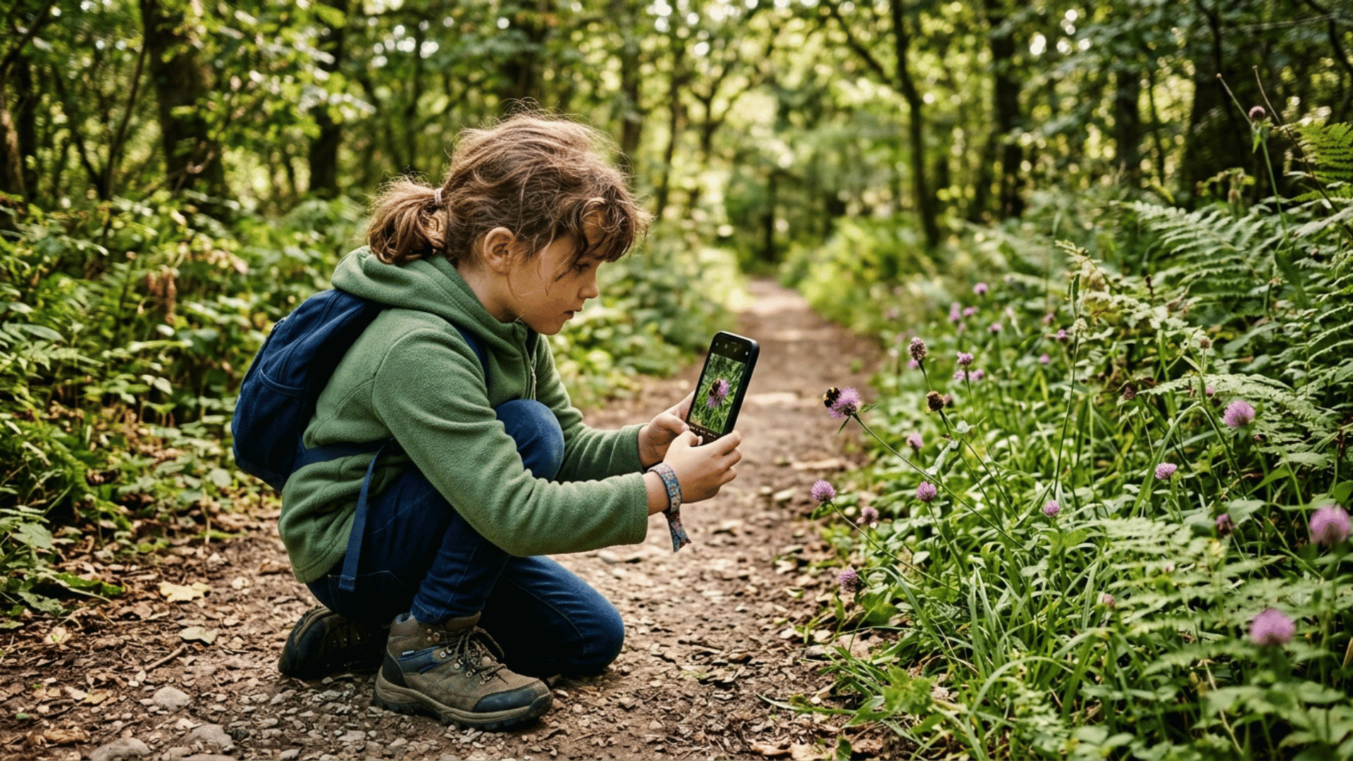 child taking photos of plants and flowers during a photo-based nature walk scavenger hunt on a nature trail