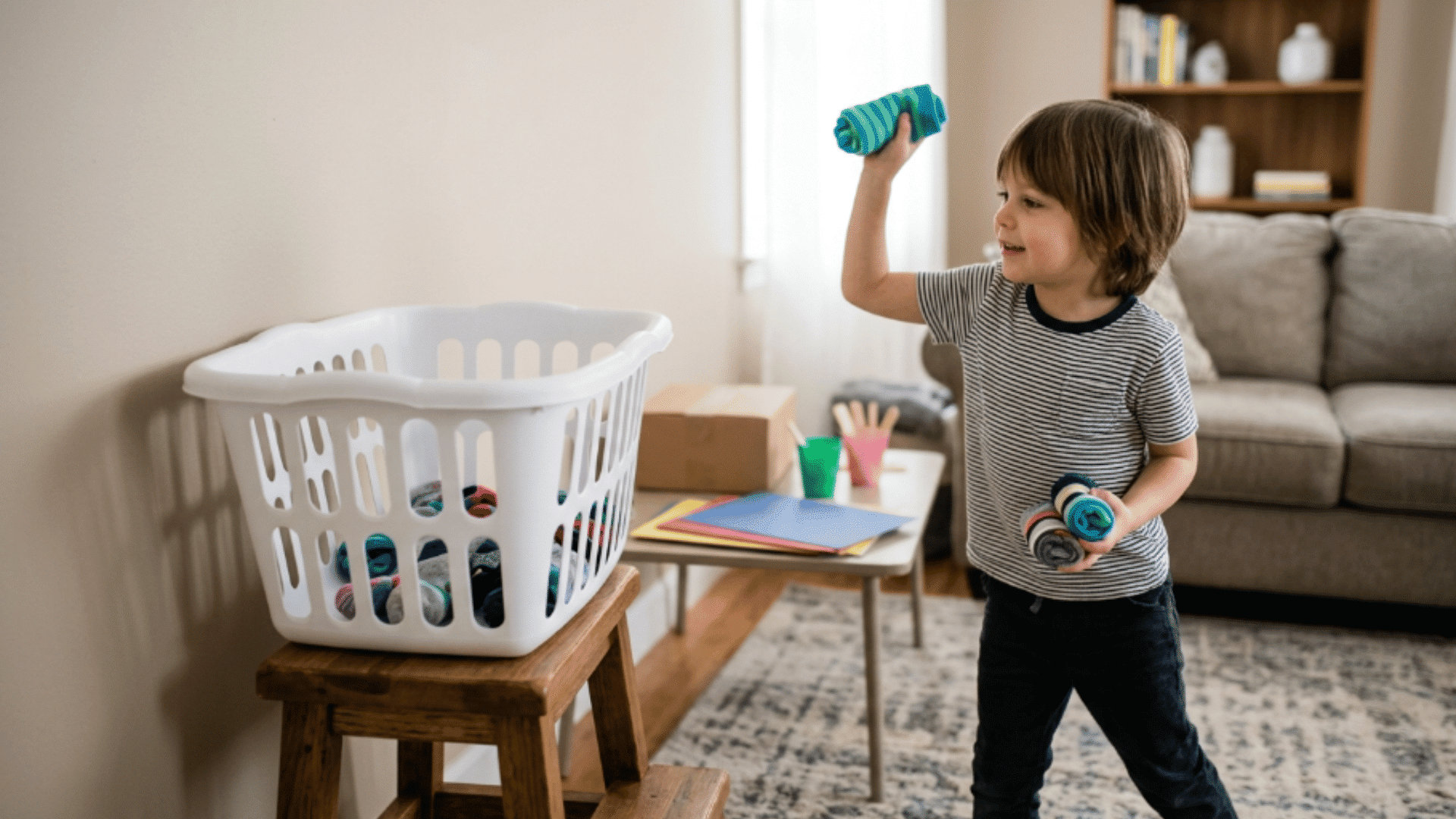 child tossing rolled socks into a laundry basket during a fun indoor sock basketball game