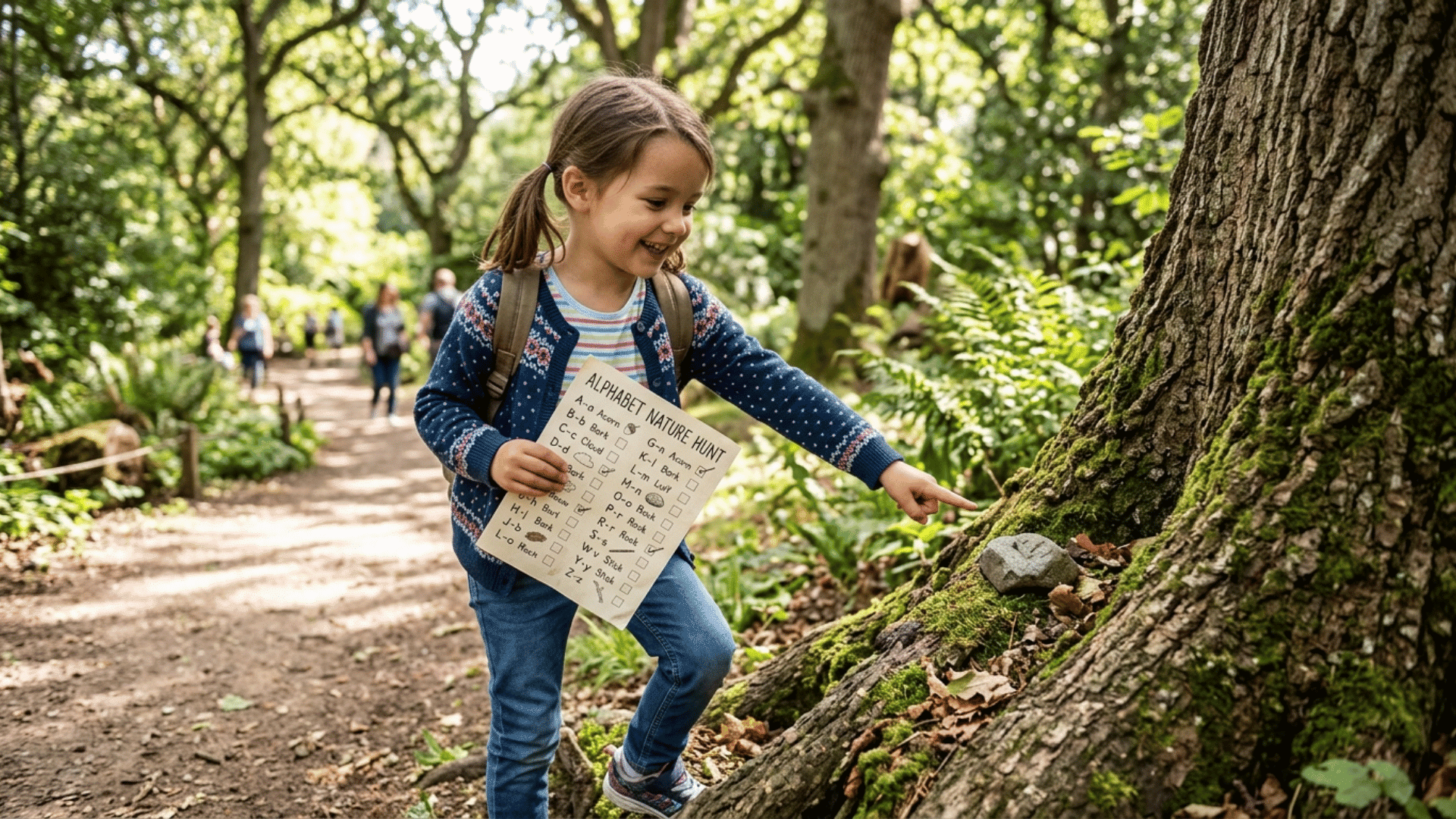 child using an alphabet checklist to find nature items during an educational scavenger hunt on a forest trail