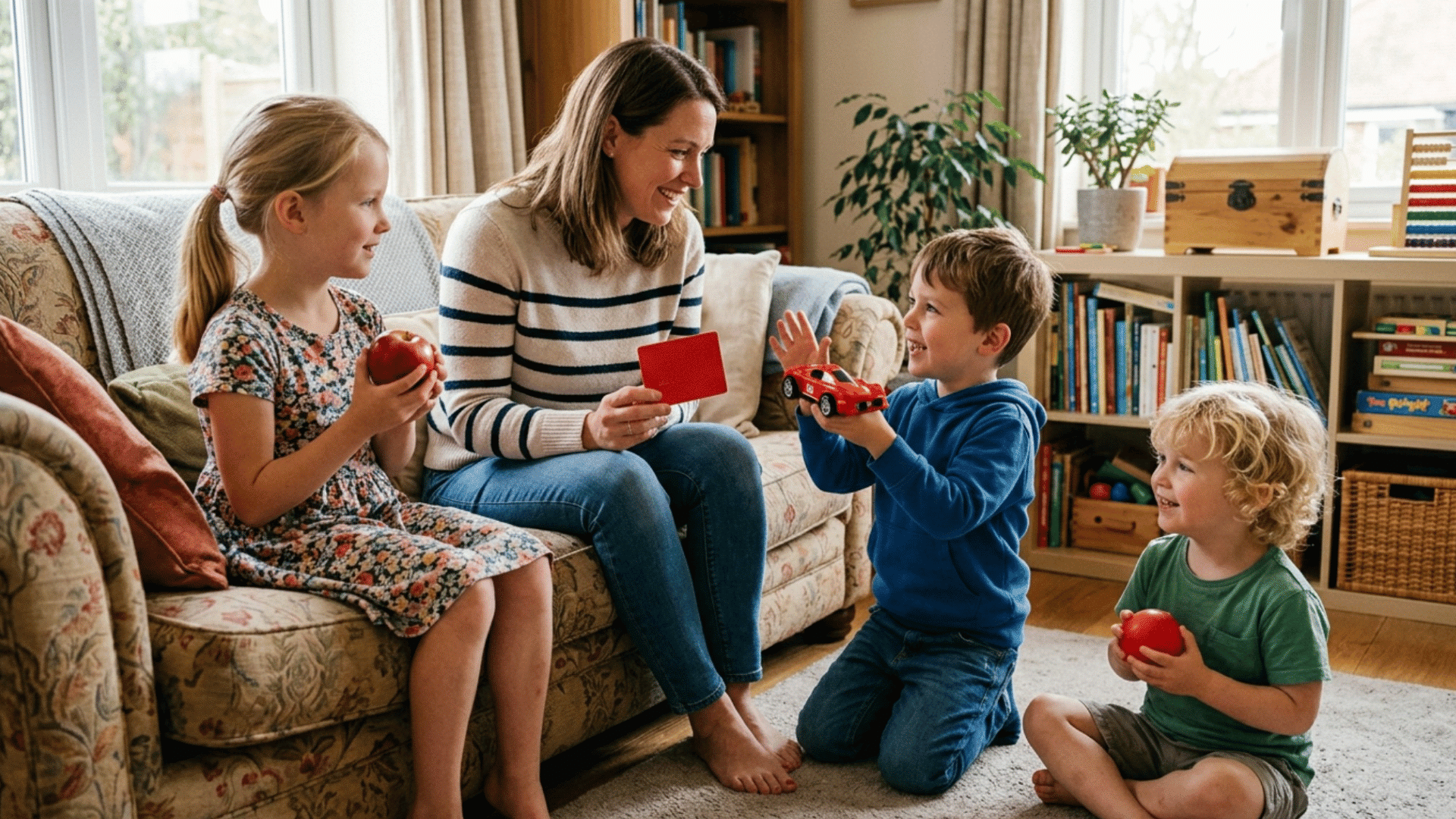 children collecting colorful items for indoor scavenger hunt activity in bright living room setting