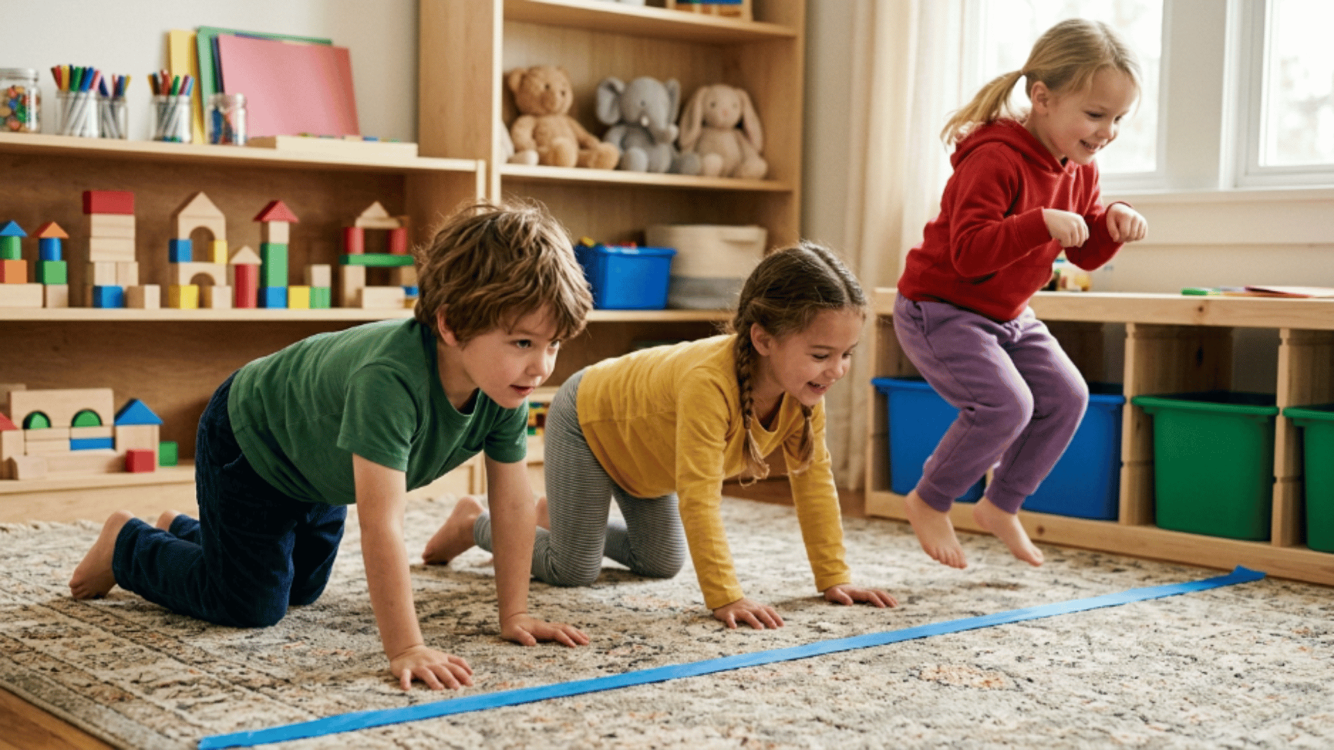 children crawling hopping and waddling like animals during a playful indoor animal walk race game (1)
