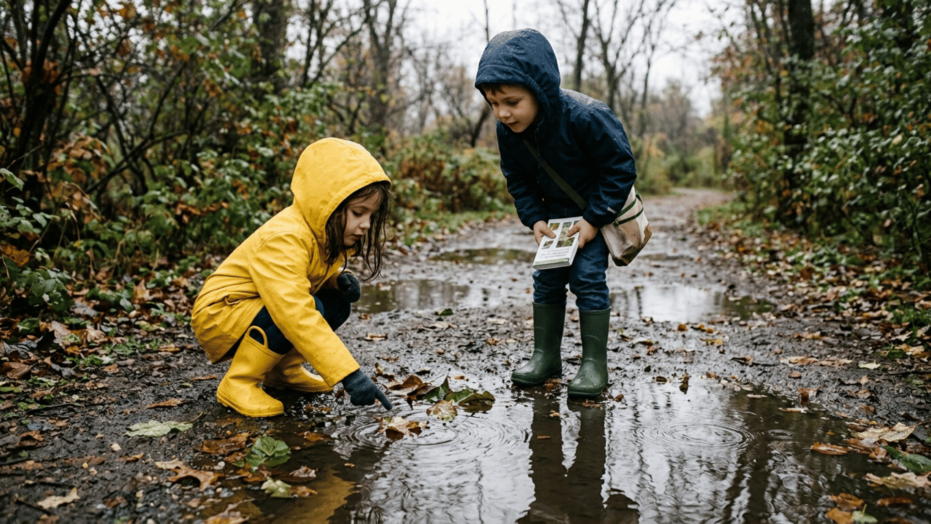 children in raincoats exploring puddles and wet leaves during a rainy day nature walk scavenger hunt outdoors