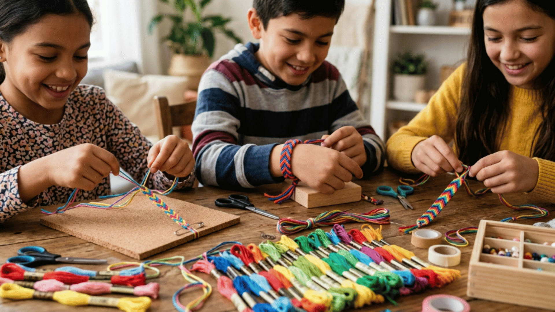 children making friendship bracelets using colorful thread and beads during a creative craft activity at home