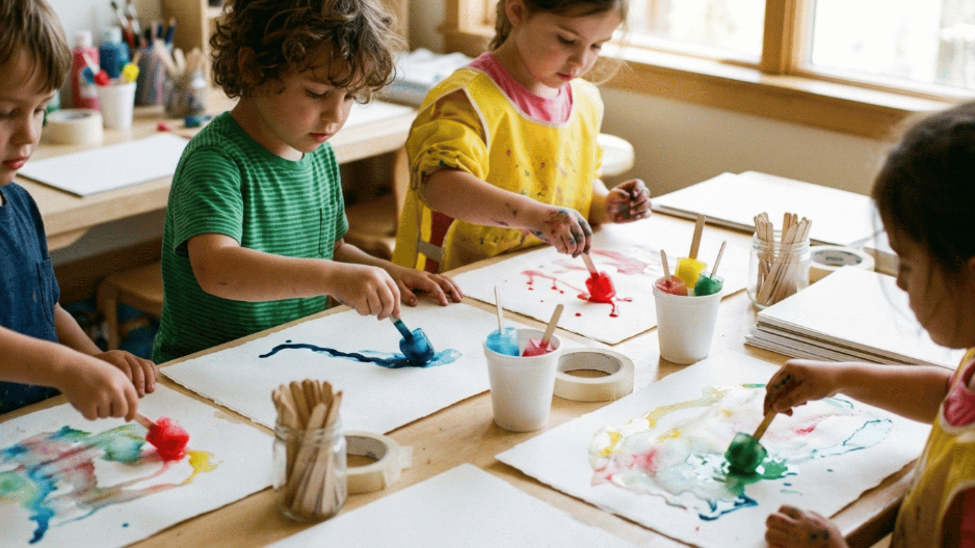 children painting with colorful watercolor on paper at a table using brushes and cups of paint in a bright classroom setting