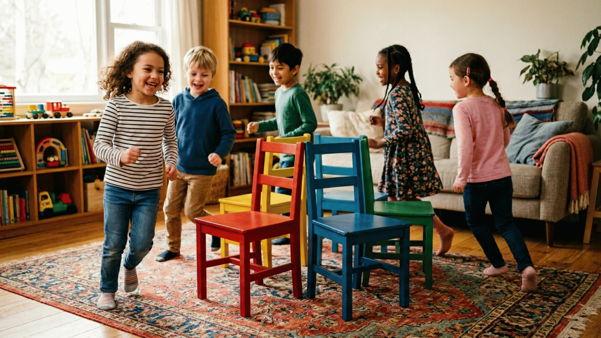 children playing musical chairs in a bright living room, colorful chairs arranged in a circle with kids laughing