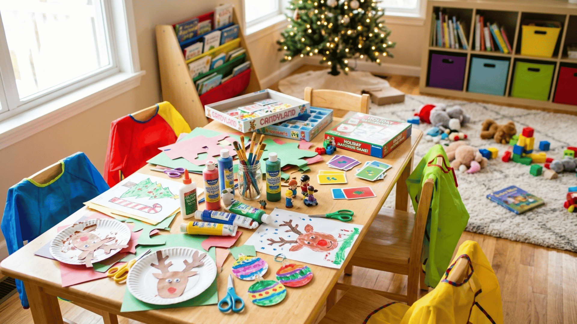 children’s craft table filled with paints, paper, scissors, and holiday art projects in a cozy playroom with toys and tree (1)