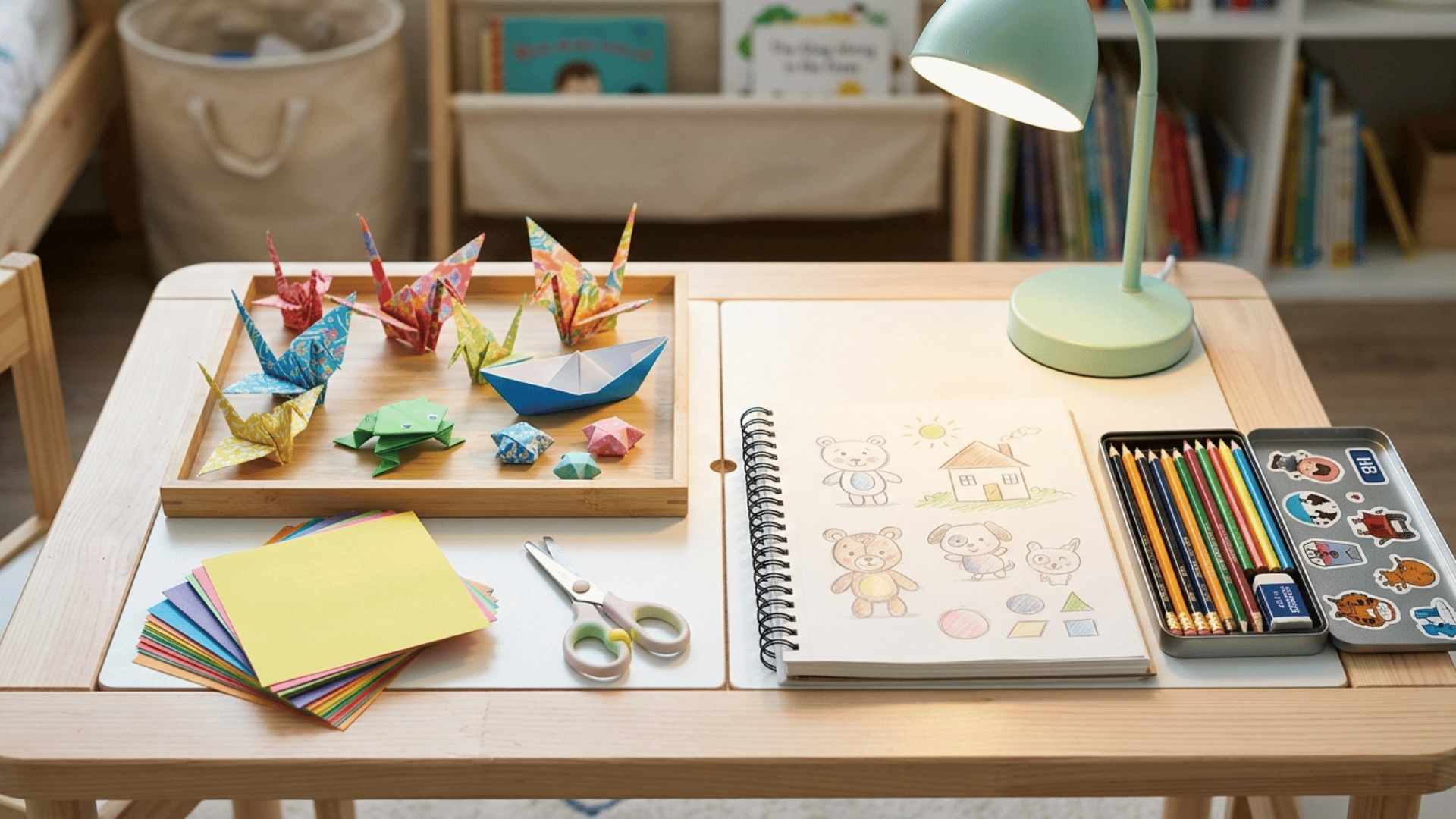 children’s craft table with origami figures, colored paper, scissors, and sketchbook under a desk lamp in a tidy room.