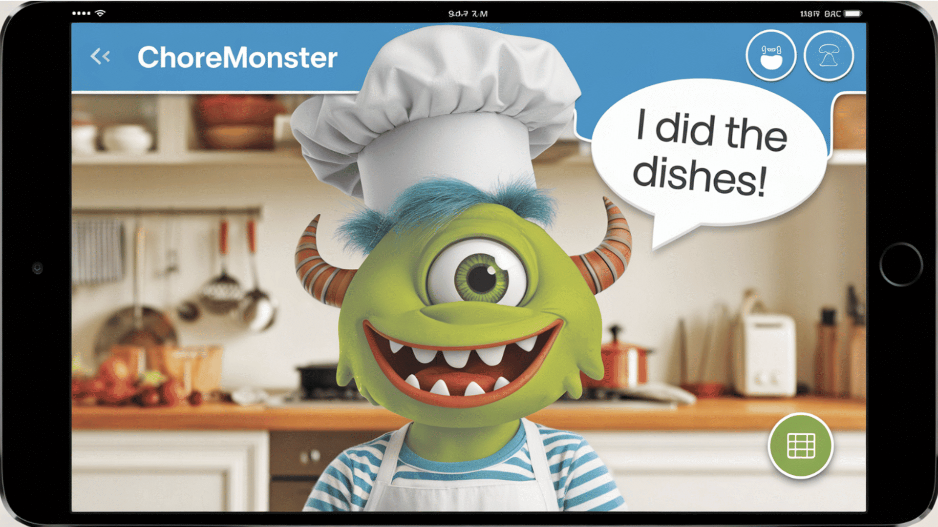 choreMonster app with a cartoon monster celebrating completing chores.