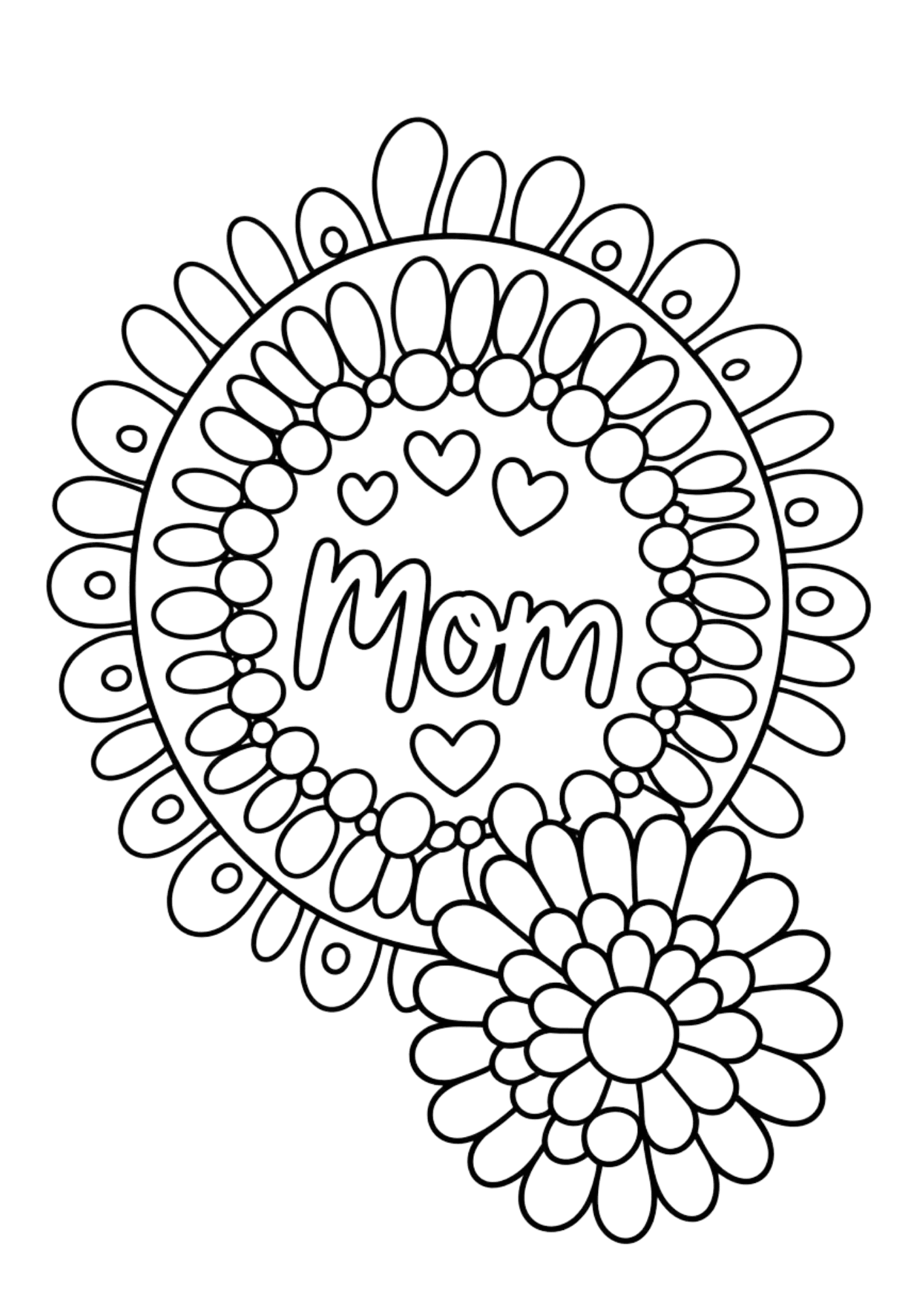 circular floral mandala design with word mom in center surrounded by petals hearts and decorative shapes