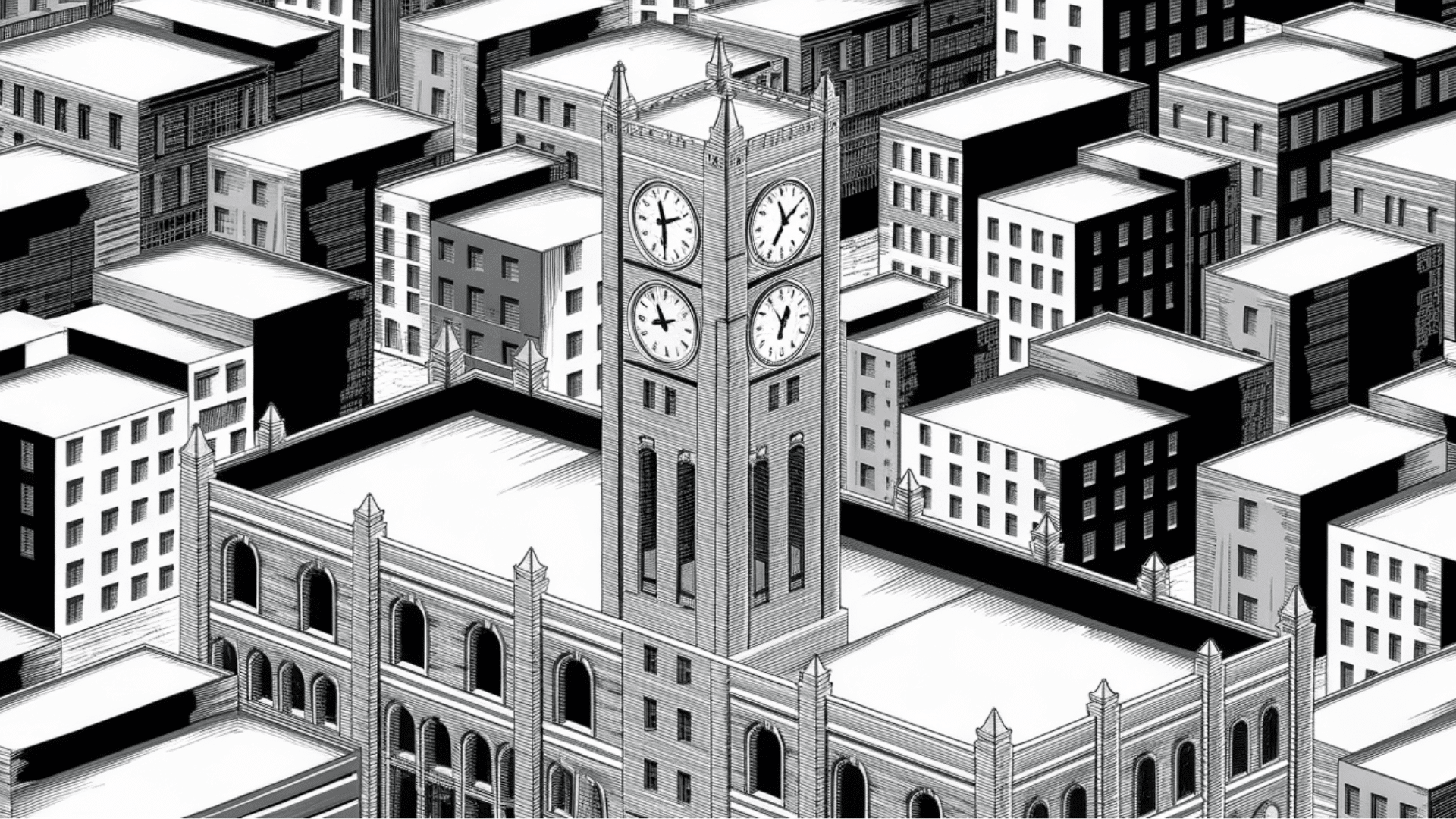 city illustration with a clock tower surrounded by buildings