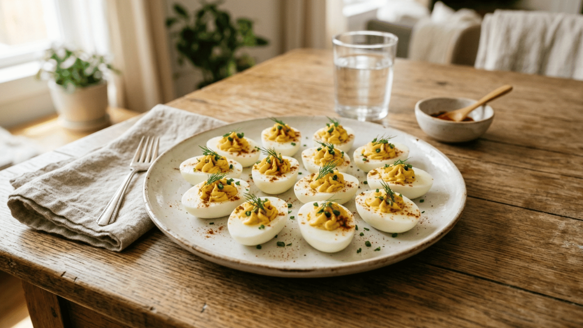 classic deviled eggs with creamy filling, paprika dusting, and fresh chives arranged on a serving platter