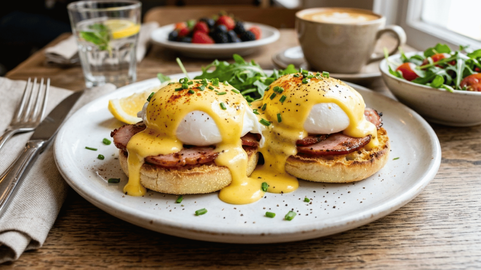 classic eggs benedict with poached eggs, ham, and creamy hollandaise sauce on toasted english muffins