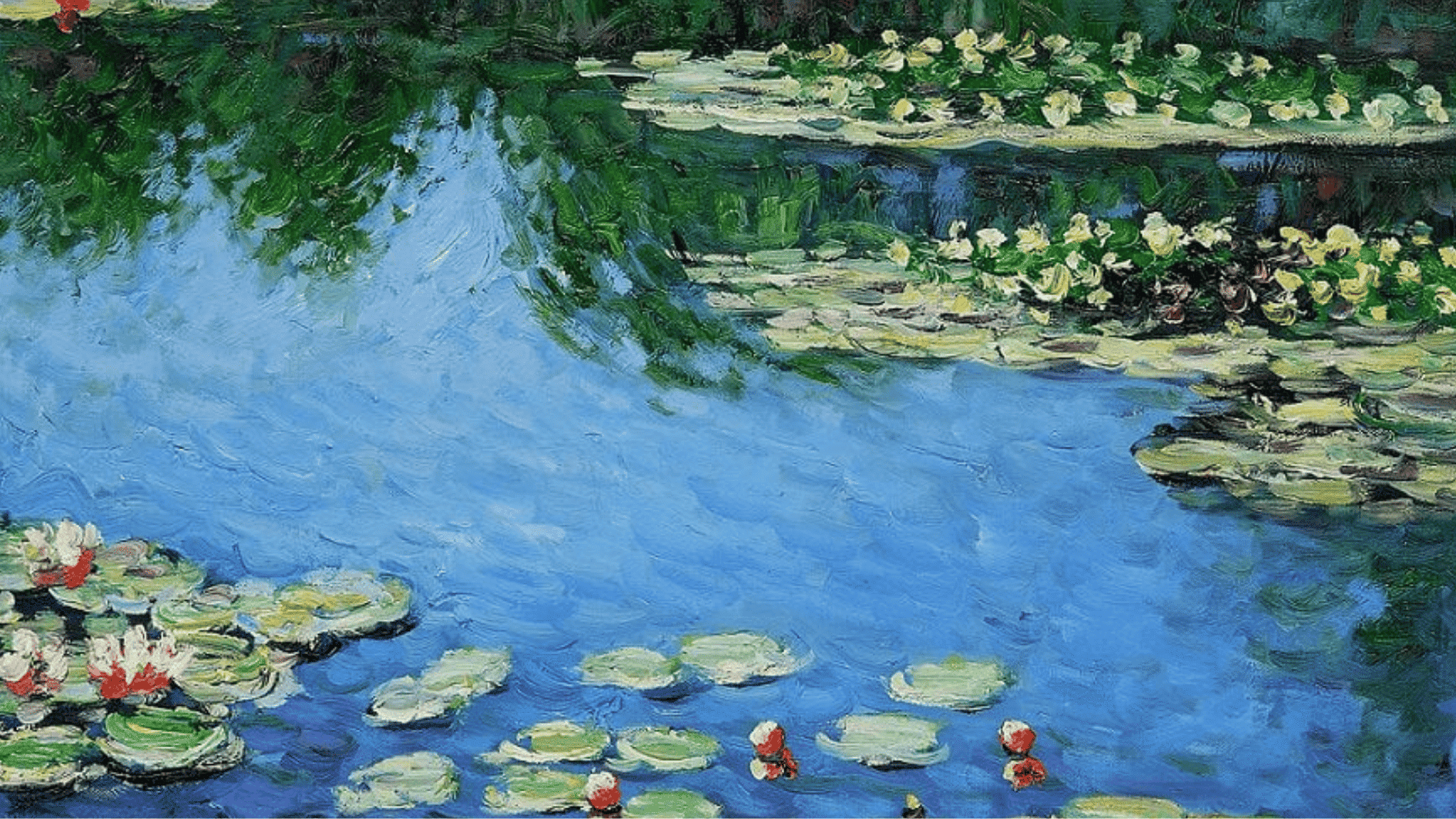 claude monet water Lilies Series-Impressionist painting of water lilies floating on a serene blue pond with reflections, soft brushstrokes, and lush greenery