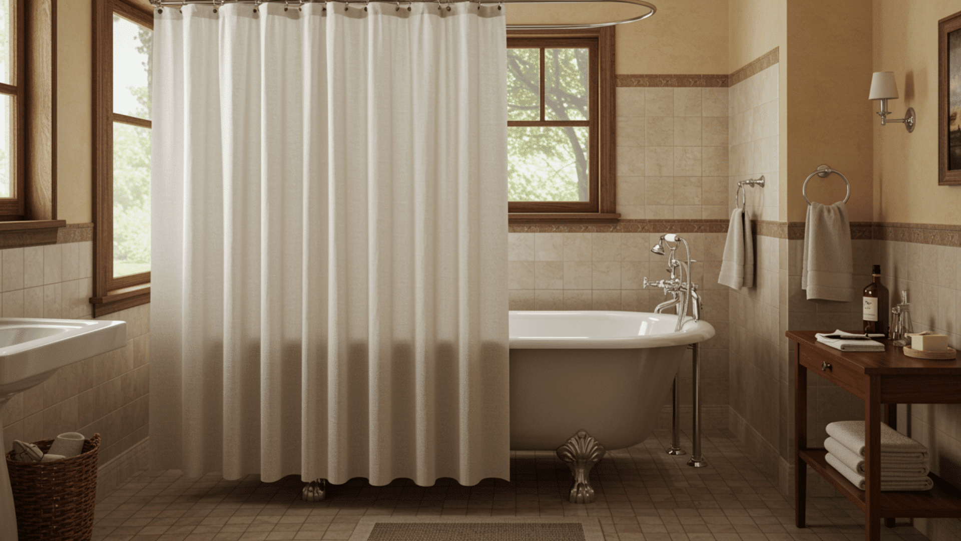 clawfoot tub with wraparound shower curtain setup, warm lighting and classic bathroom design with full enclosure