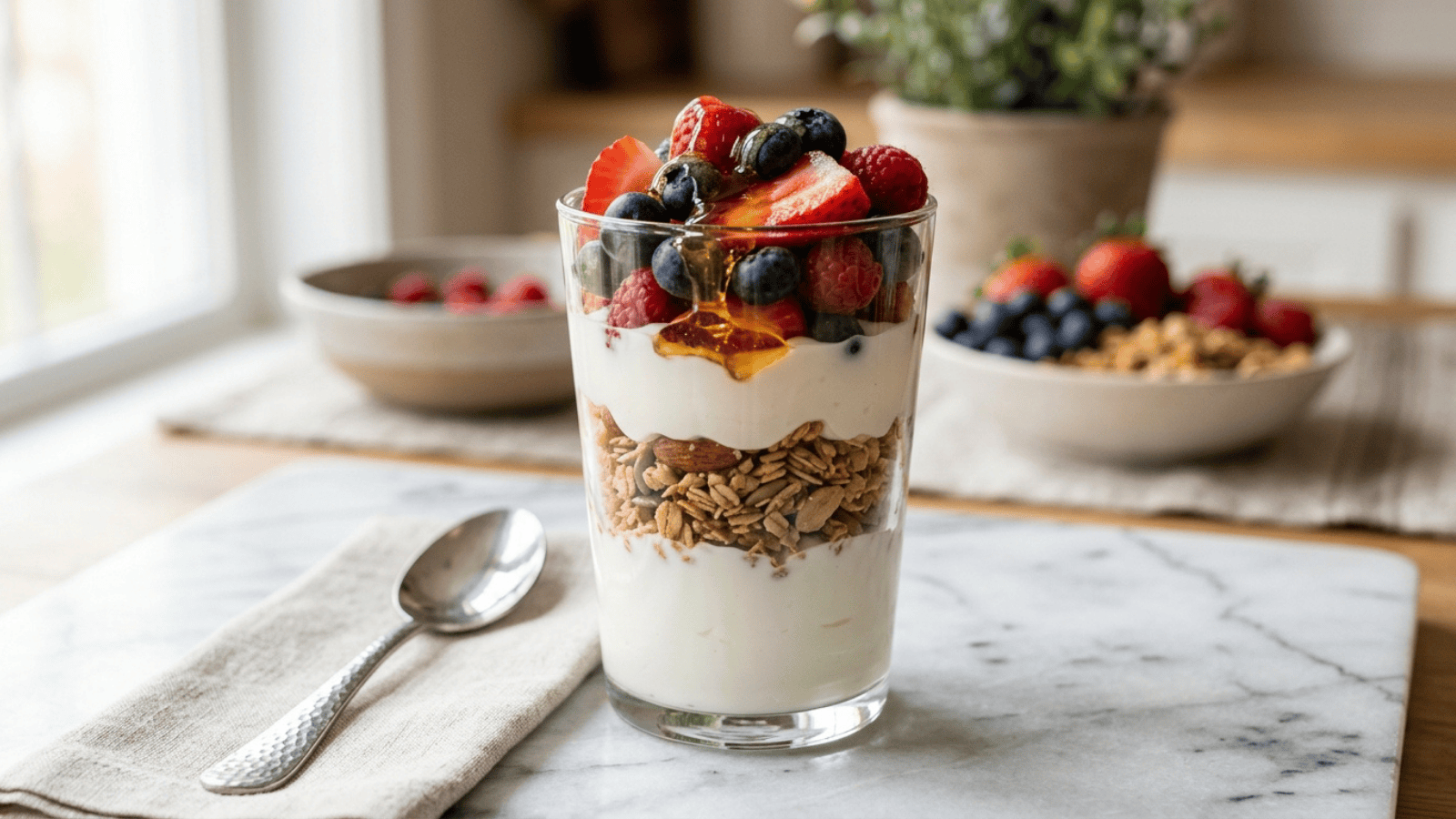 clear glass layered with white Greek yogurt, golden granola, and fresh mixed berries (strawberries, blueberries, and raspberries)