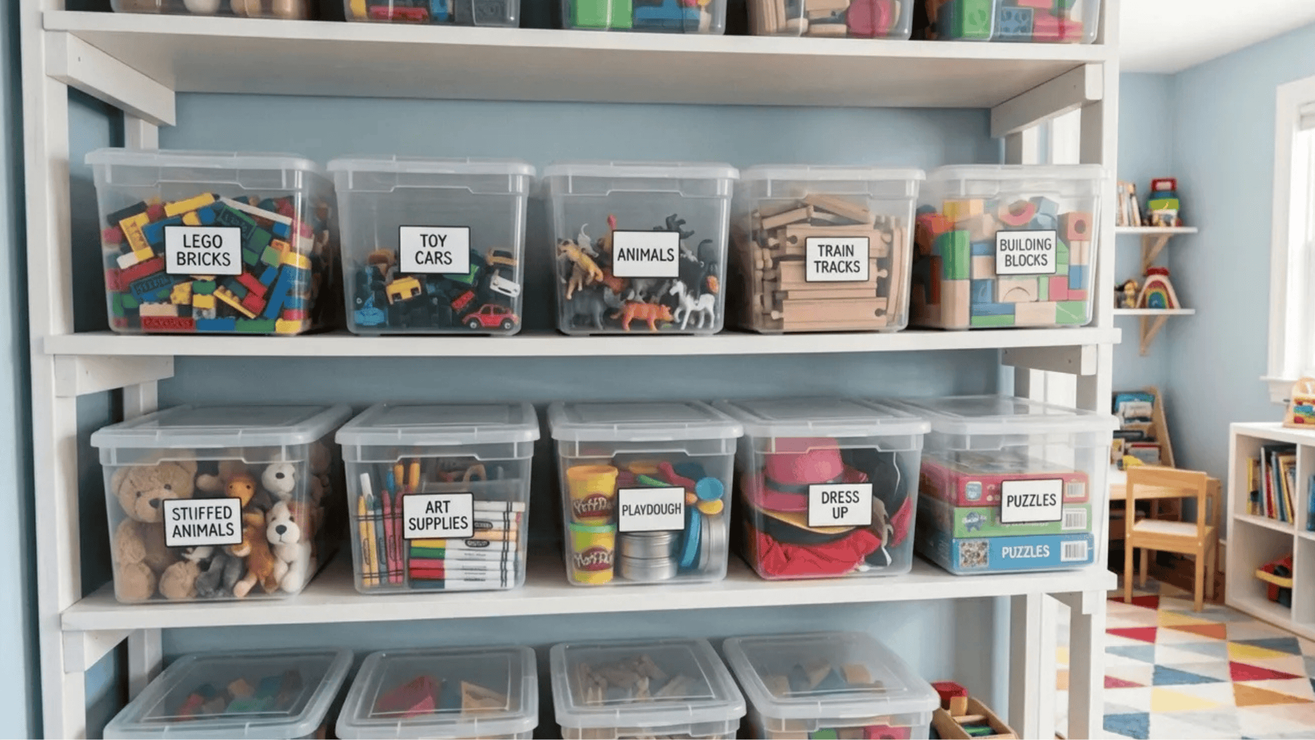 clear labeled storage boxes arranged neatly allowing easy visibility and organization in a small playroom