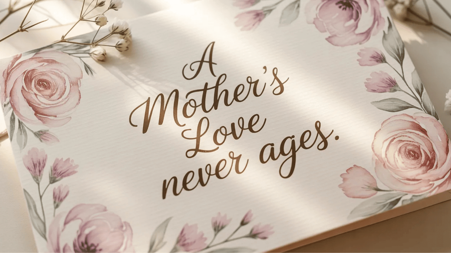 close-up of a floral greeting card with elegant lettering about a mother’s love lasting forever, surrounded by soft botanical details