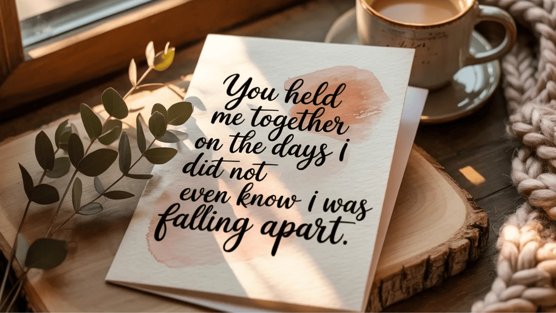 close-up of a greeting card with a heartfelt message about a mother’s support, placed beside a cup of coffee in soft light