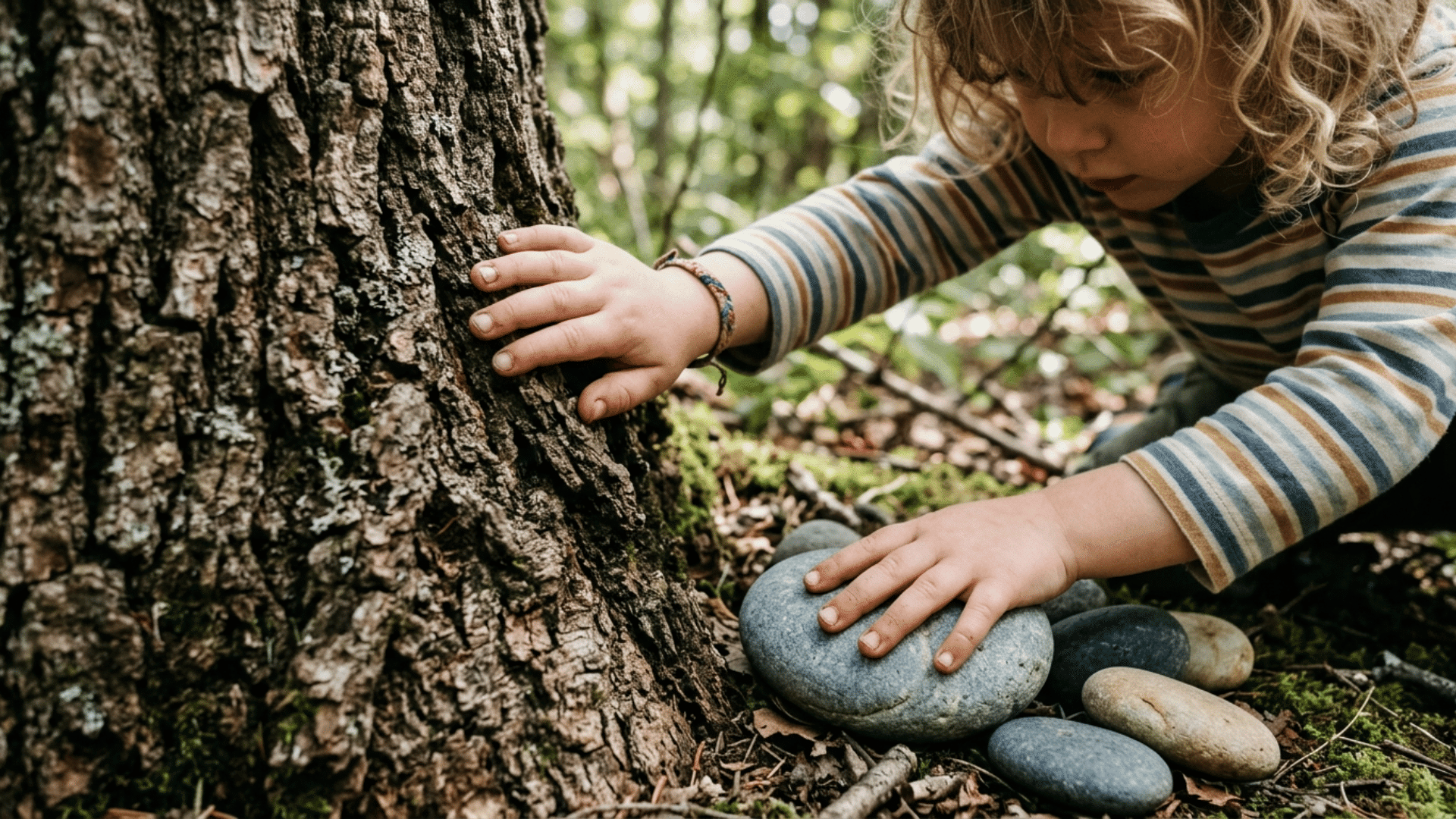close-up of child touching tree bark and smooth stones during a texture-focused nature walk scavenger hunt outdoors