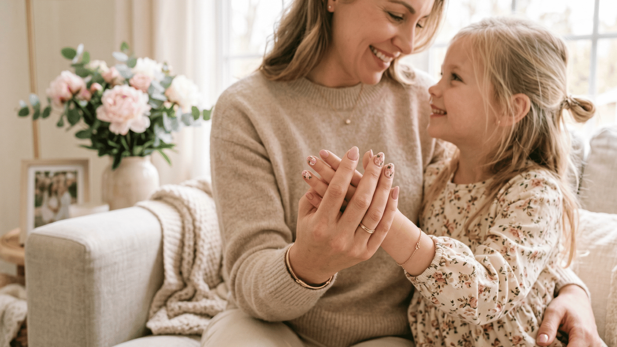 close up of mother and daughter hands showing matching heart and floral nail art